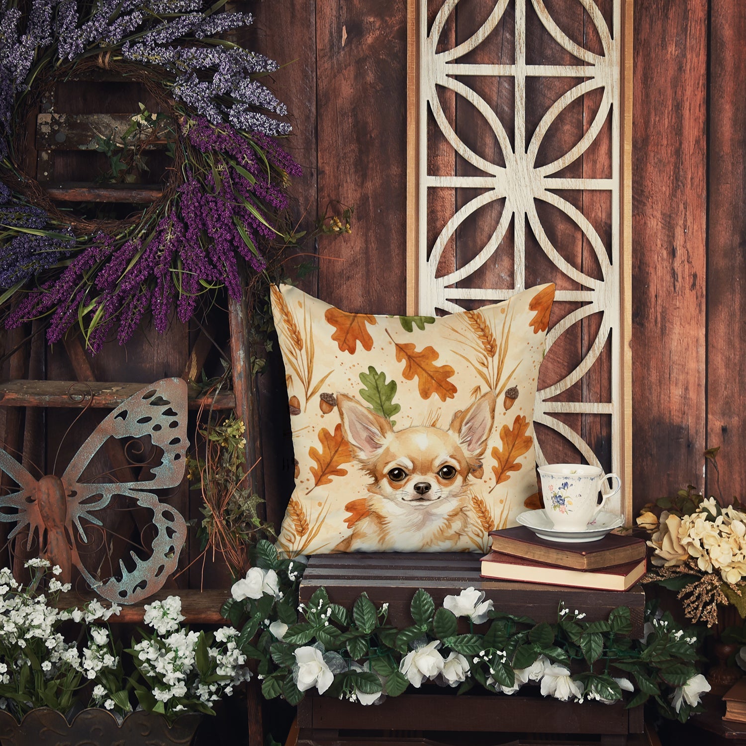Fawn Chihuahua Heirloom Fall Decorative Throw Pillow 18x18 Indoor Outdoor Accent Cushion, Fabric Cover with Insert for Sofa, Bed, Porch & Living Room