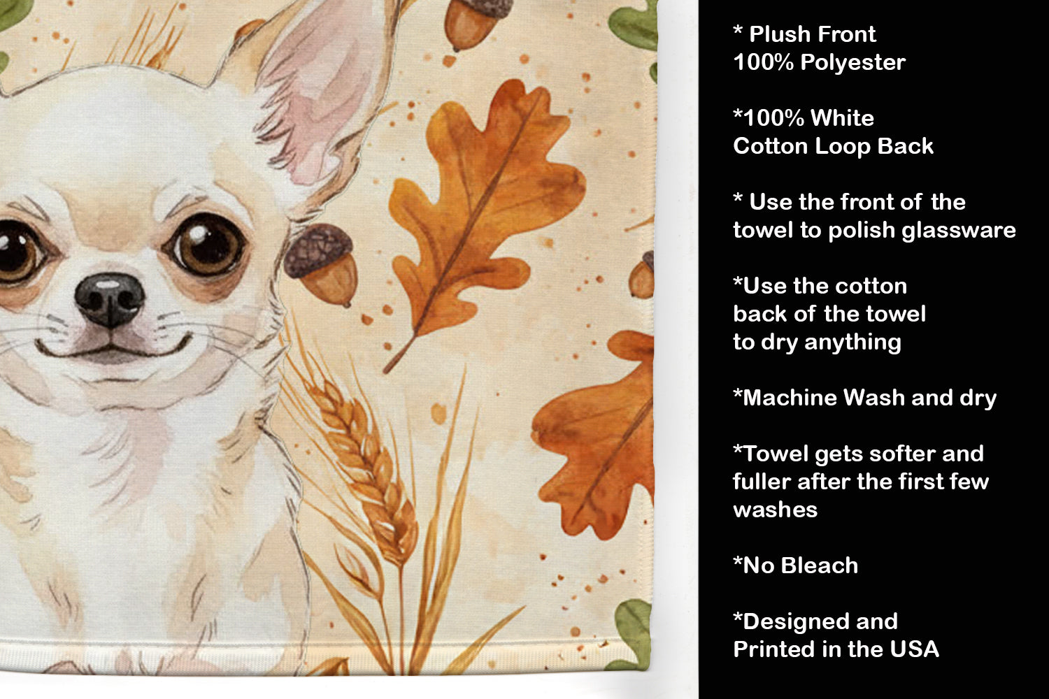 Cream Chihuahua Heirloom Fall Kitchen Towel Velour Plush Front and Cotton Loop Back Machine Washable