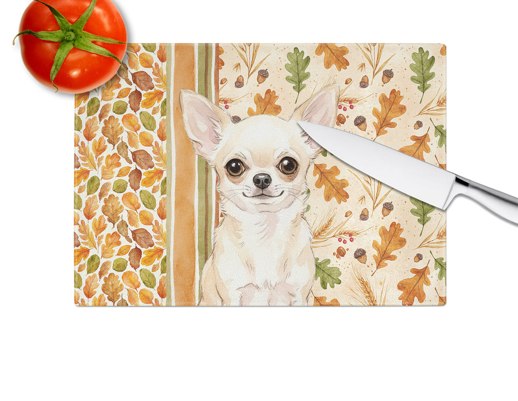 Cream Chihuahua Heirloom Fall Cutting Board Tempered Glass Kitchen Cutting Surface, Heat Resistant Chopping, Non-Slip Feet, Food Prep & Serving