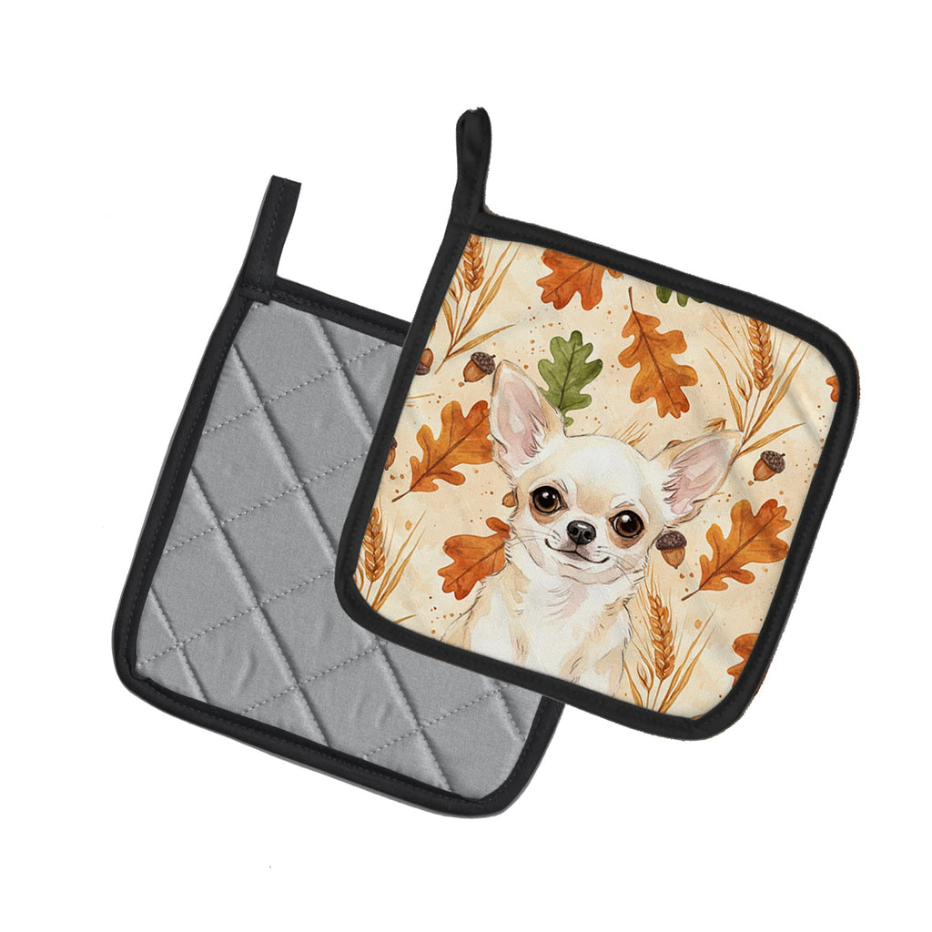 Cream Chihuahua Heirloom Fall Pot Holder Set of 2 Heat Resistant Quilted Hot Pads 7.5 x 7.5 Inch, Insulated Kitchen Trivets for Cooking & Baking