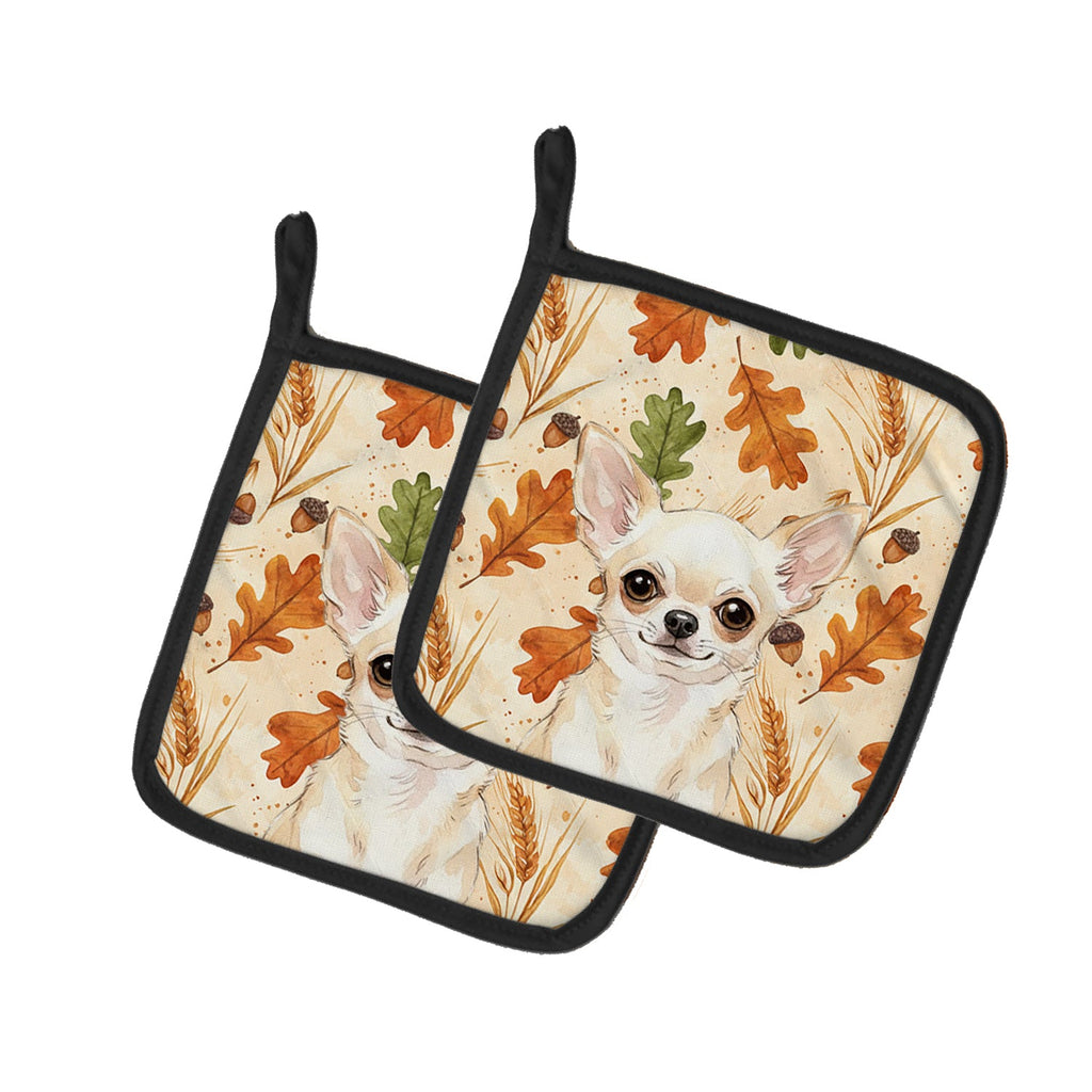 Cream Chihuahua Heirloom Fall Pot Holder Set of 2 Heat Resistant Quilted Hot Pads 7.5 x 7.5 Inch, Insulated Kitchen Trivets for Cooking & Baking