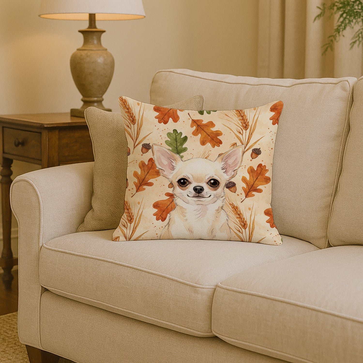 Cream Chihuahua Heirloom Fall Decorative Throw Pillow 14x14 Indoor Outdoor Accent Cushion, Fabric Cover with Insert for Sofa, Bed, Porch & Living Room