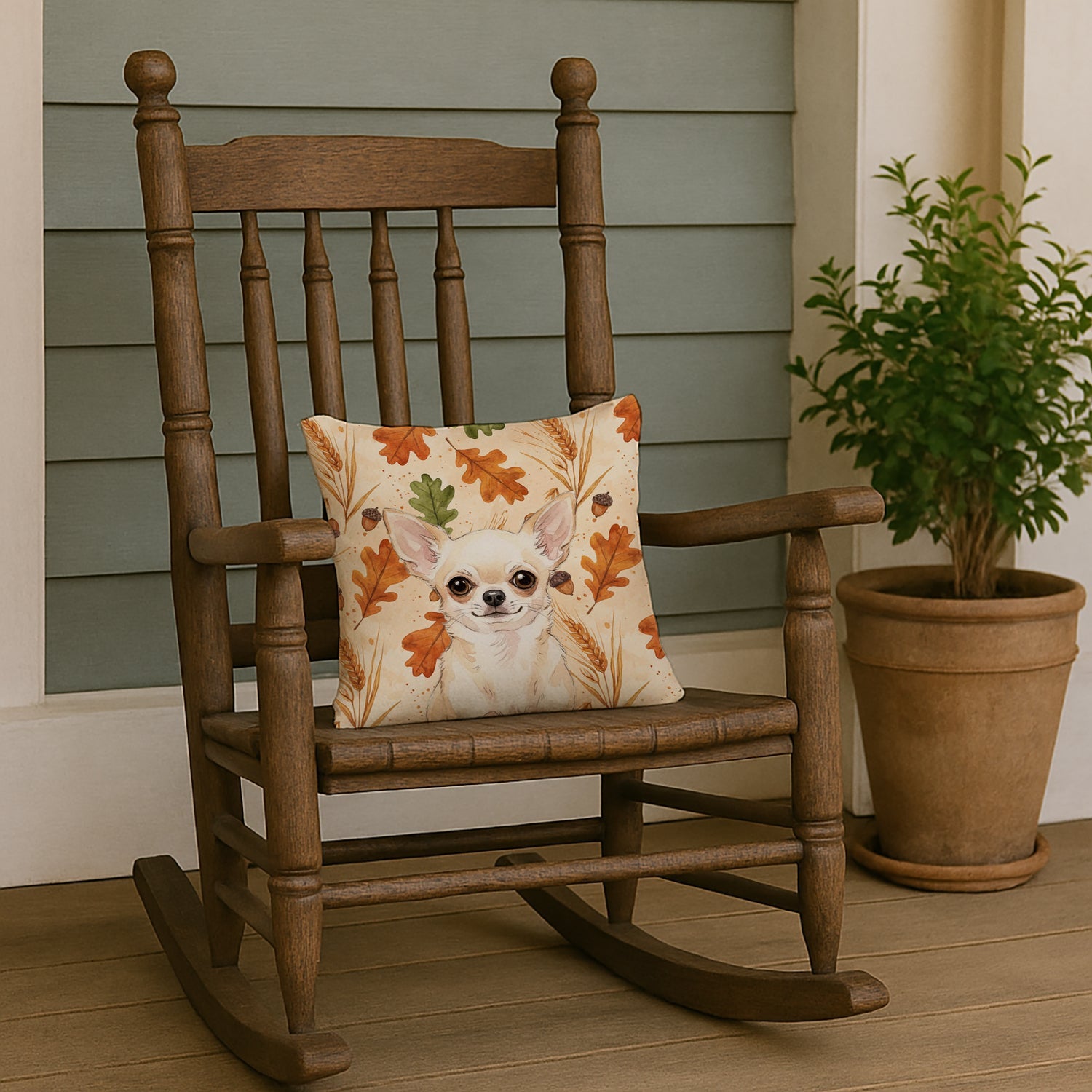 Cream Chihuahua Heirloom Fall Decorative Throw Pillow 14x14 Indoor Outdoor Accent Cushion, Fabric Cover with Insert for Sofa, Bed, Porch & Living Room