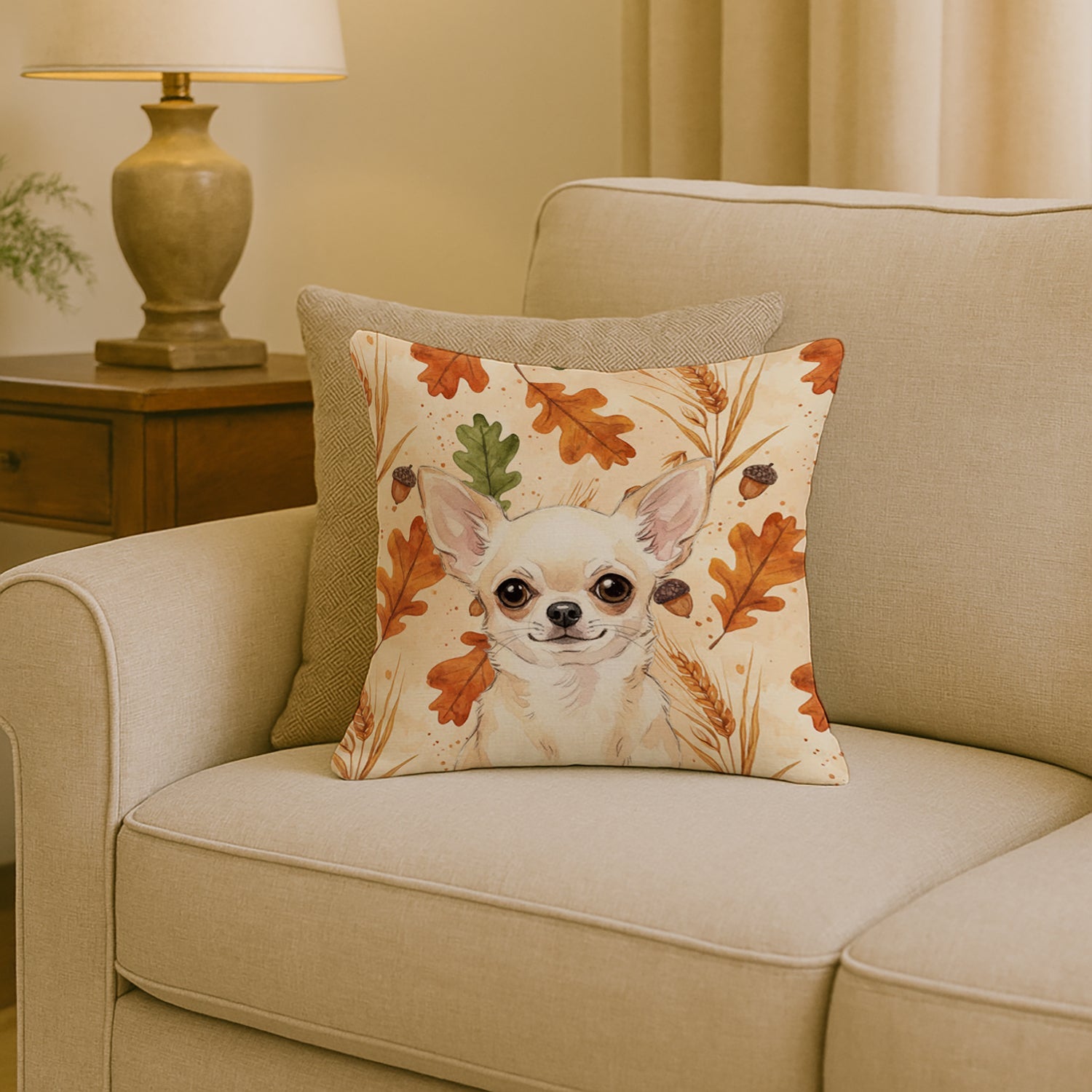 Cream Chihuahua Heirloom Fall Decorative Throw Pillow 18x18 Indoor Outdoor Accent Cushion, Fabric Cover with Insert for Sofa, Bed, Porch & Living Room