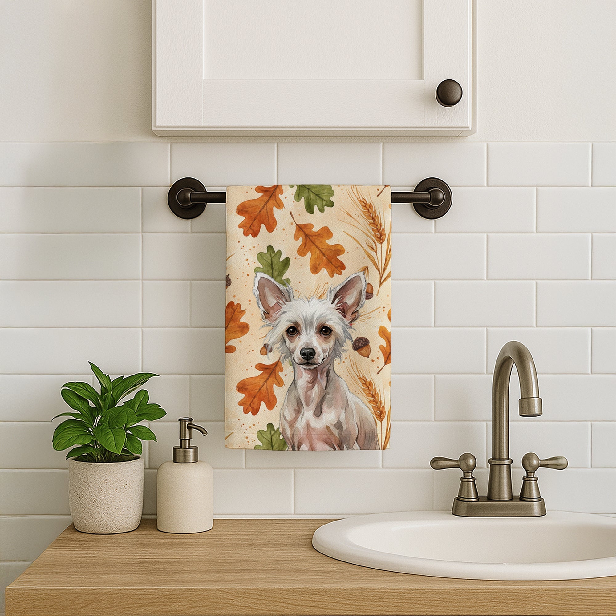 Hairless Chinese Crested Heirloom Fall Kitchen Towel Velour Plush Front and Cotton Loop Back Machine Washable