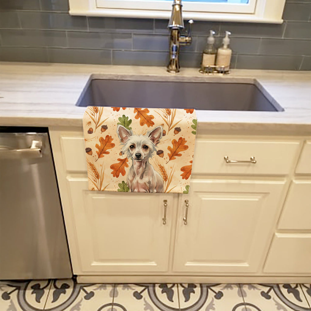 Hairless Chinese Crested Heirloom Fall Kitchen Towel Velour Plush Front and Cotton Loop Back Machine Washable