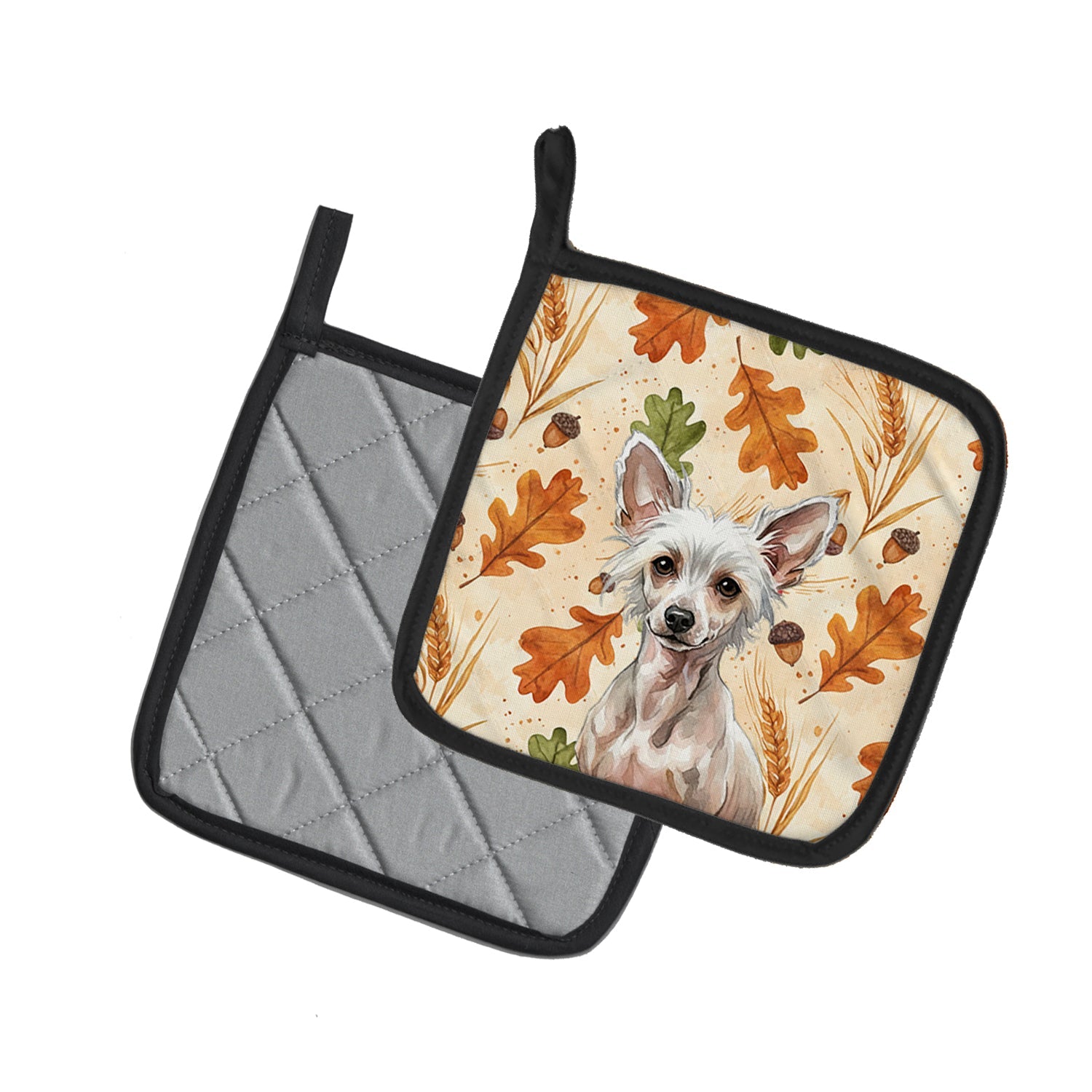 Hairless Chinese Crested Heirloom Fall Pot Holder Set of 2 Heat Resistant Quilted Hot Pads 7.5 x 7.5 Inch, Insulated Kitchen Trivets for Cooking & Baking