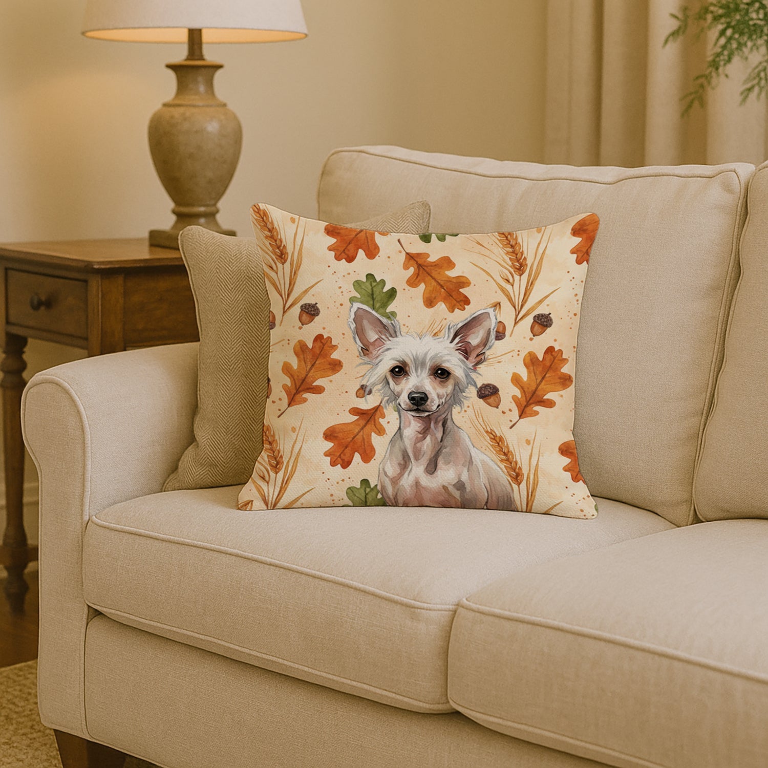 Hairless Chinese Crested Heirloom Fall Decorative Throw Pillow 14x14 Indoor Outdoor Accent Cushion, Fabric Cover with Insert for Sofa, Bed, Porch & Living Room