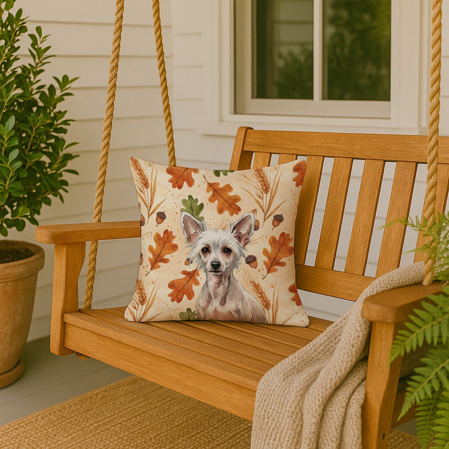 Hairless Chinese Crested Heirloom Fall Decorative Throw Pillow 18x18 Indoor Outdoor Accent Cushion, Fabric Cover with Insert for Sofa, Bed, Porch & Living Room