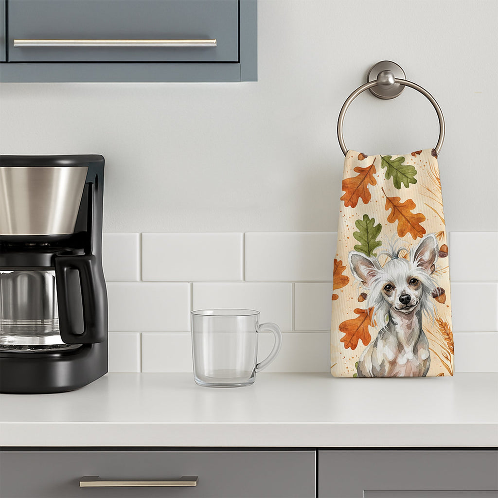 Hairless Mottled Pattern Chinese Crested Heirloom Fall Kitchen Towel Velour Plush Front and Cotton Loop Back Machine Washable
