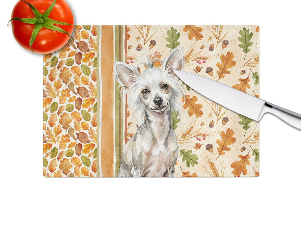 Hairless Mottled Pattern Chinese Crested Heirloom Fall Cutting Board Tempered Glass Kitchen Cutting Surface, Heat Resistant Chopping, Non-Slip Feet, Food Prep & Serving