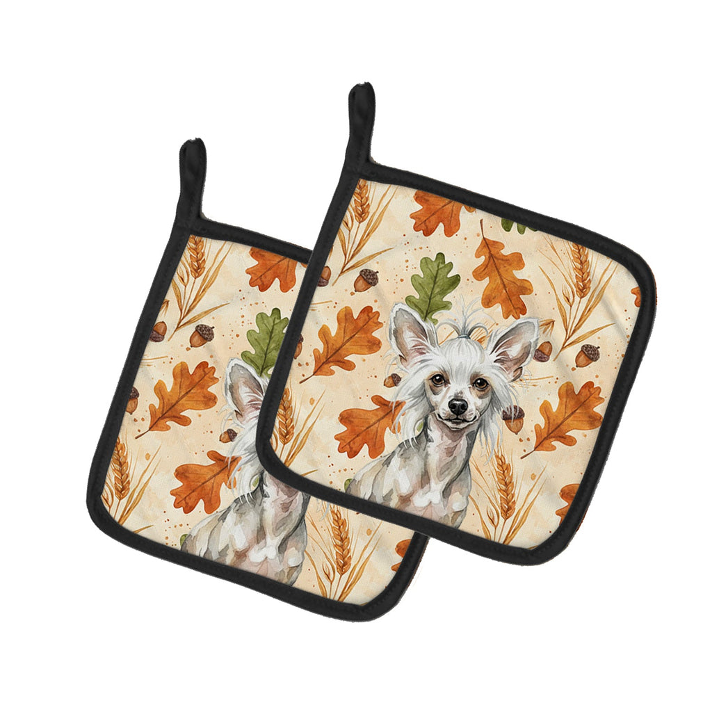 Hairless Mottled Pattern Chinese Crested Heirloom Fall Pot Holder Set of 2 Heat Resistant Quilted Hot Pads 7.5 x 7.5 Inch, Insulated Kitchen Trivets for Cooking & Baking