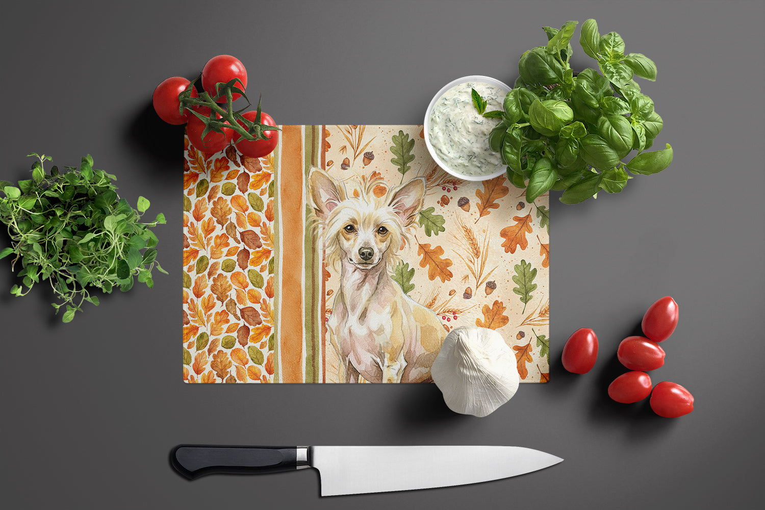 Hairless Palomino Chinese Crested Heirloom Fall Cutting Board Tempered Glass Kitchen Cutting Surface, Heat Resistant Chopping, Non-Slip Feet, Food Prep & Serving