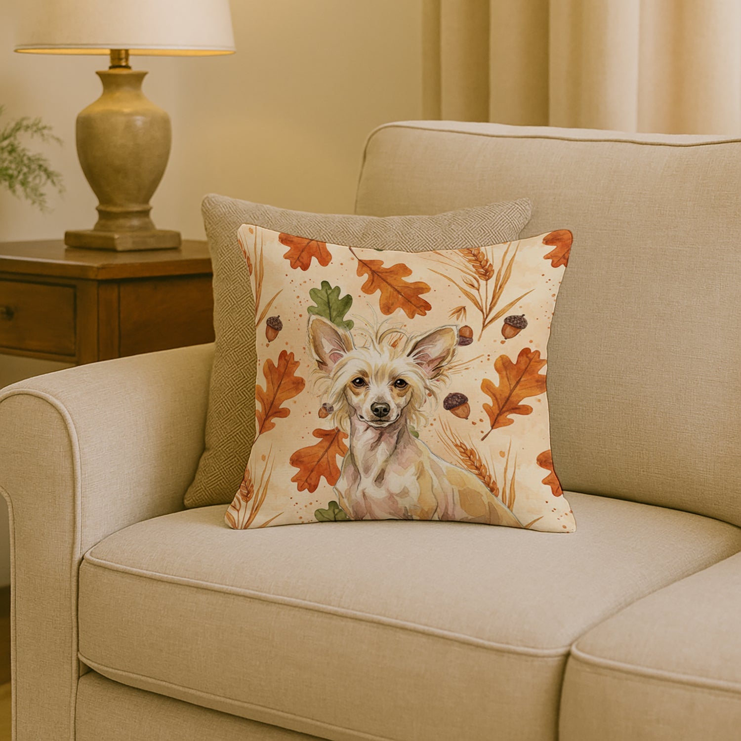 Hairless Palomino Chinese Crested Heirloom Fall Decorative Throw Pillow 18x18 Indoor Outdoor Accent Cushion, Fabric Cover with Insert for Sofa, Bed, Porch & Living Room