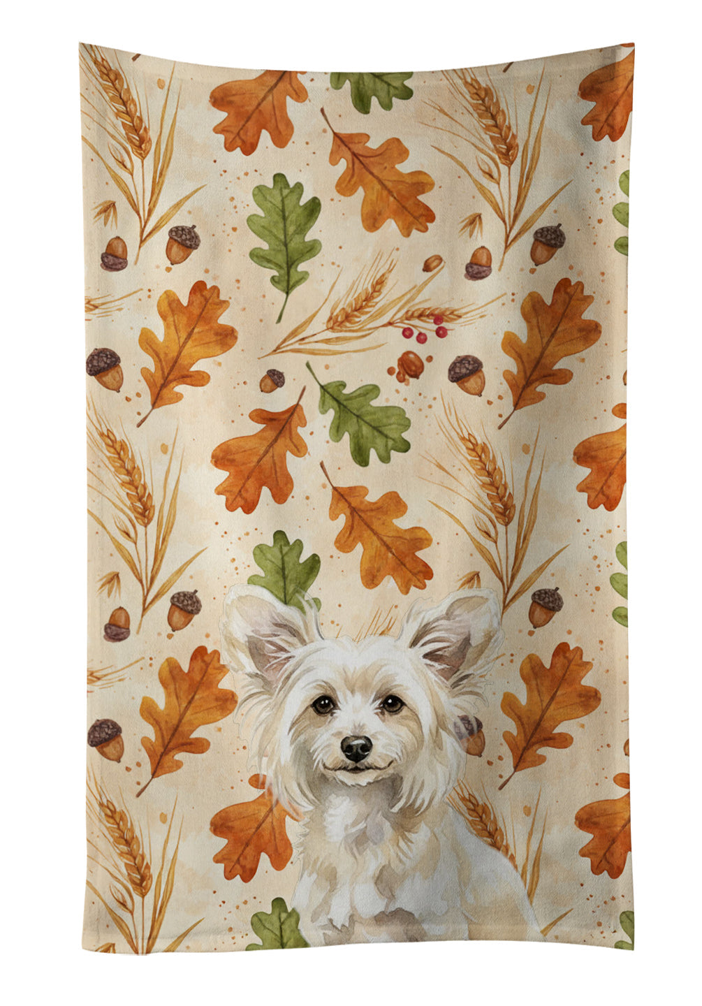 Powderpuff Chinese Crested Heirloom Fall Kitchen Towel Velour Plush Front and Cotton Loop Back Machine Washable