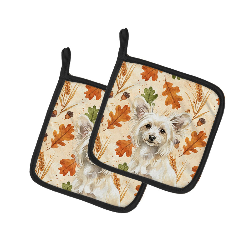 Powderpuff Chinese Crested Heirloom Fall Pot Holder Set of 2 Heat Resistant Quilted Hot Pads 7.5 x 7.5 Inch, Insulated Kitchen Trivets for Cooking & Baking
