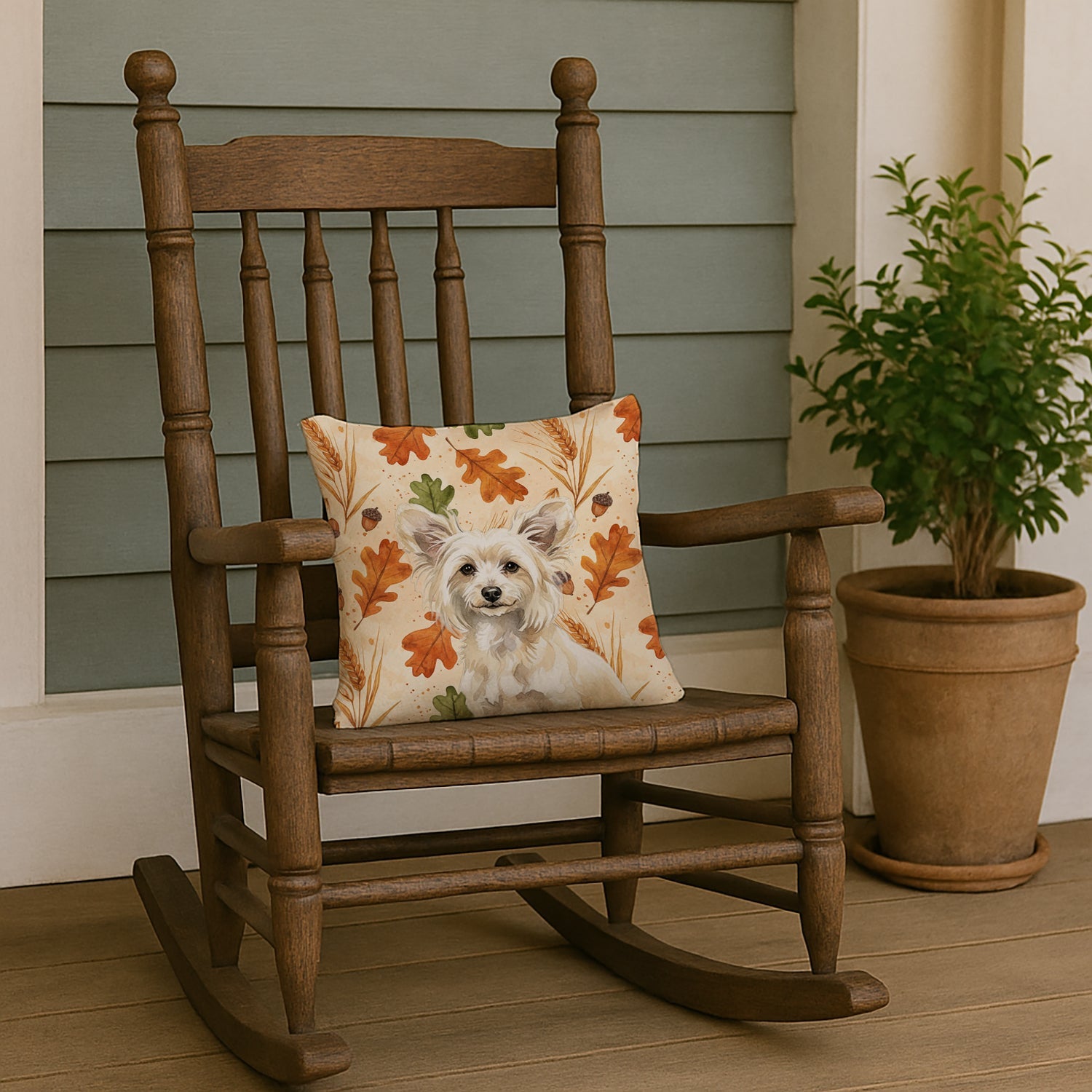 Powderpuff Chinese Crested Heirloom Fall Decorative Throw Pillow 14x14 Indoor Outdoor Accent Cushion, Fabric Cover with Insert for Sofa, Bed, Porch & Living Room