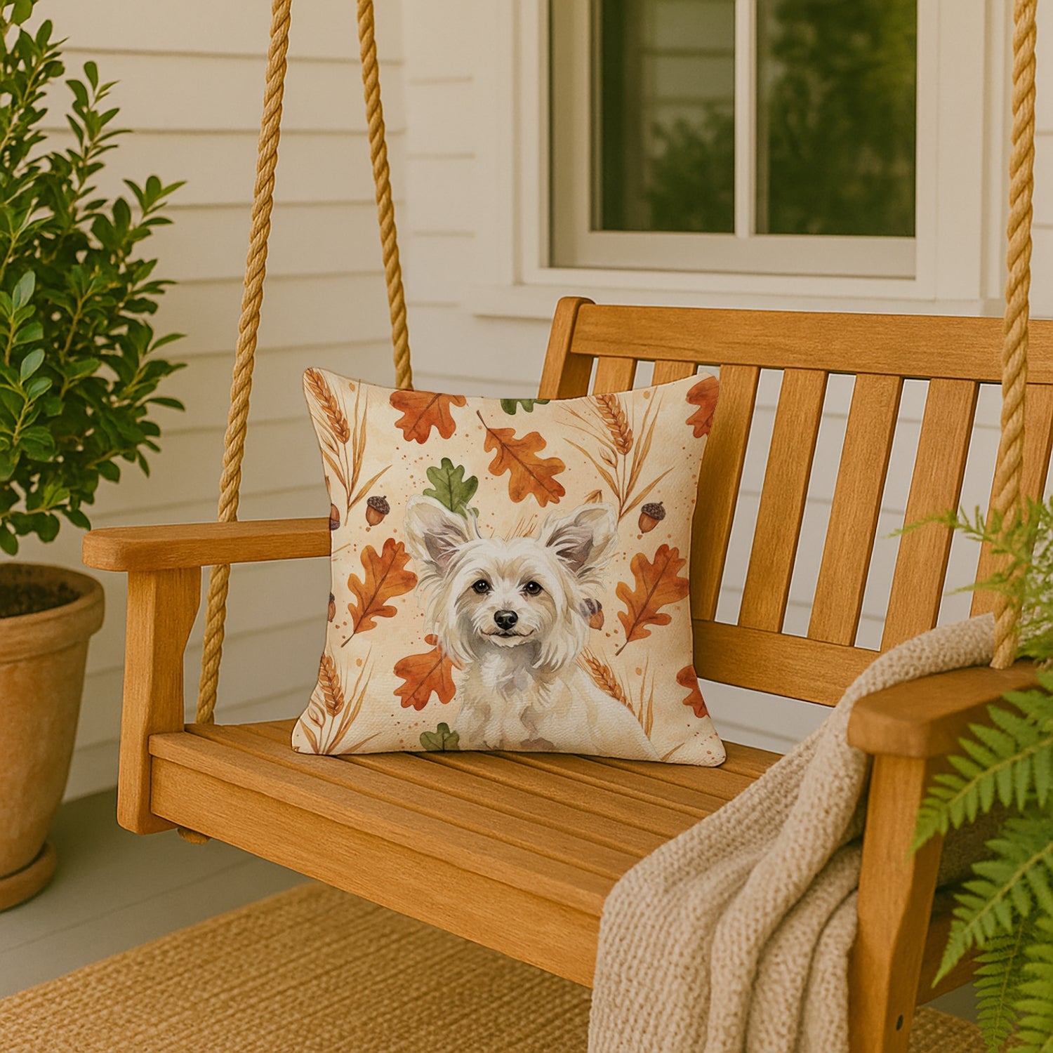 Powderpuff Chinese Crested Heirloom Fall Decorative Throw Pillow 18x18 Indoor Outdoor Accent Cushion, Fabric Cover with Insert for Sofa, Bed, Porch & Living Room