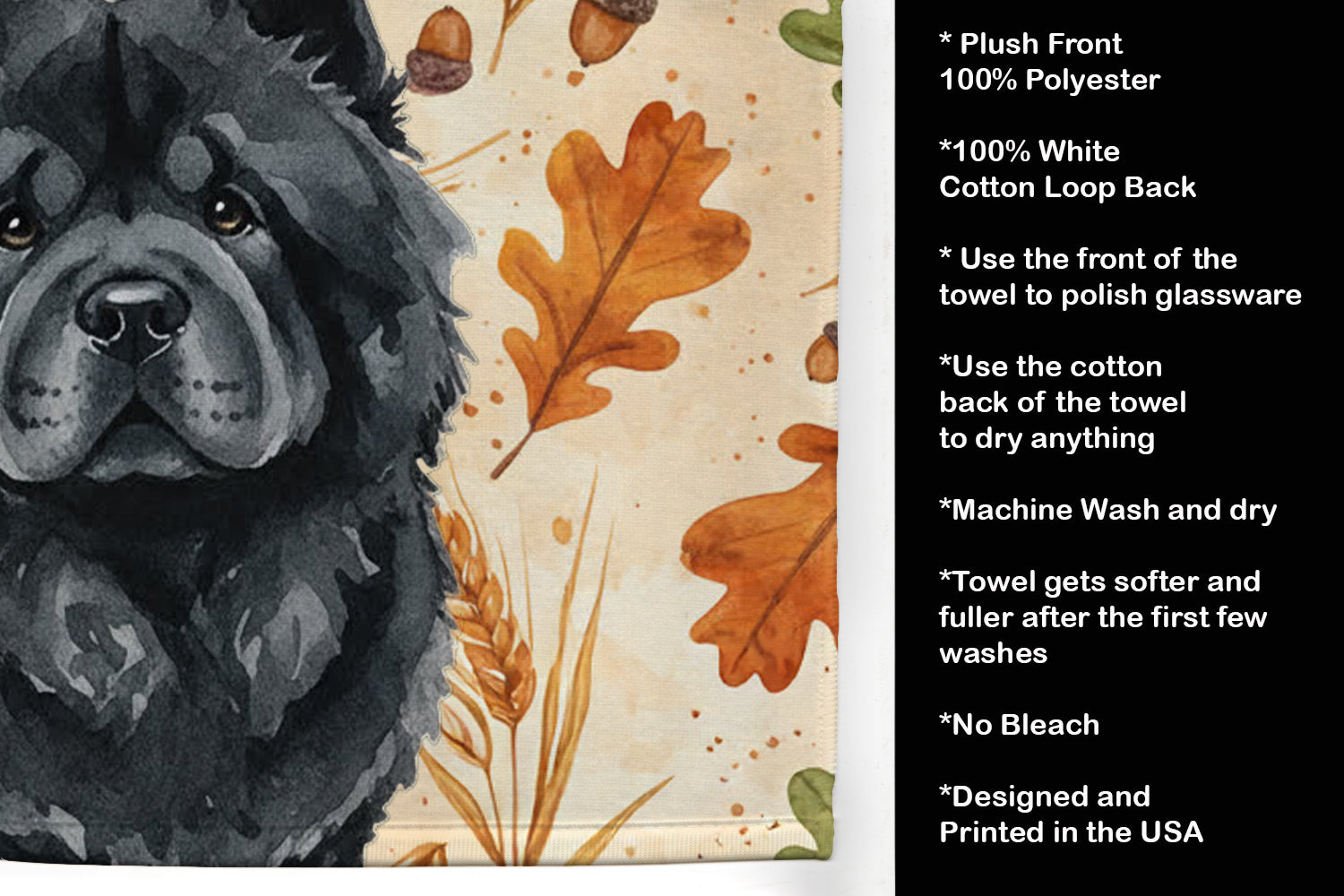 Black Chow Chow Heirloom Fall Kitchen Towel Velour Plush Front and Cotton Loop Back Machine Washable