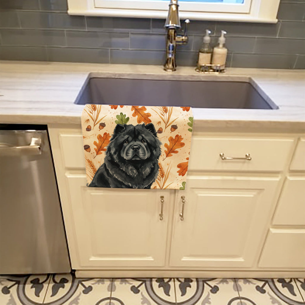 Black Chow Chow Heirloom Fall Kitchen Towel Velour Plush Front and Cotton Loop Back Machine Washable