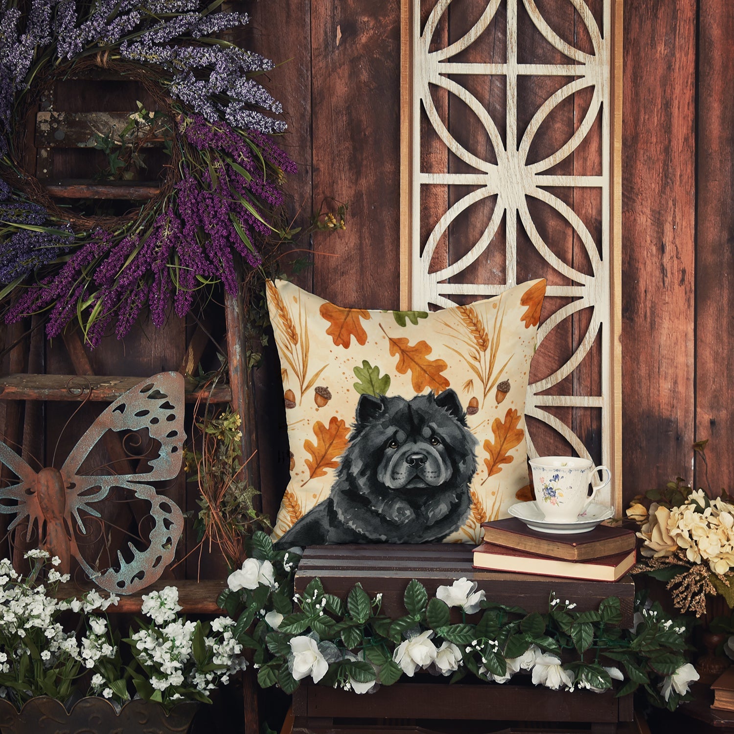 Black Chow Chow Heirloom Fall Decorative Throw Pillow 18x18 Indoor Outdoor Accent Cushion, Fabric Cover with Insert for Sofa, Bed, Porch & Living Room