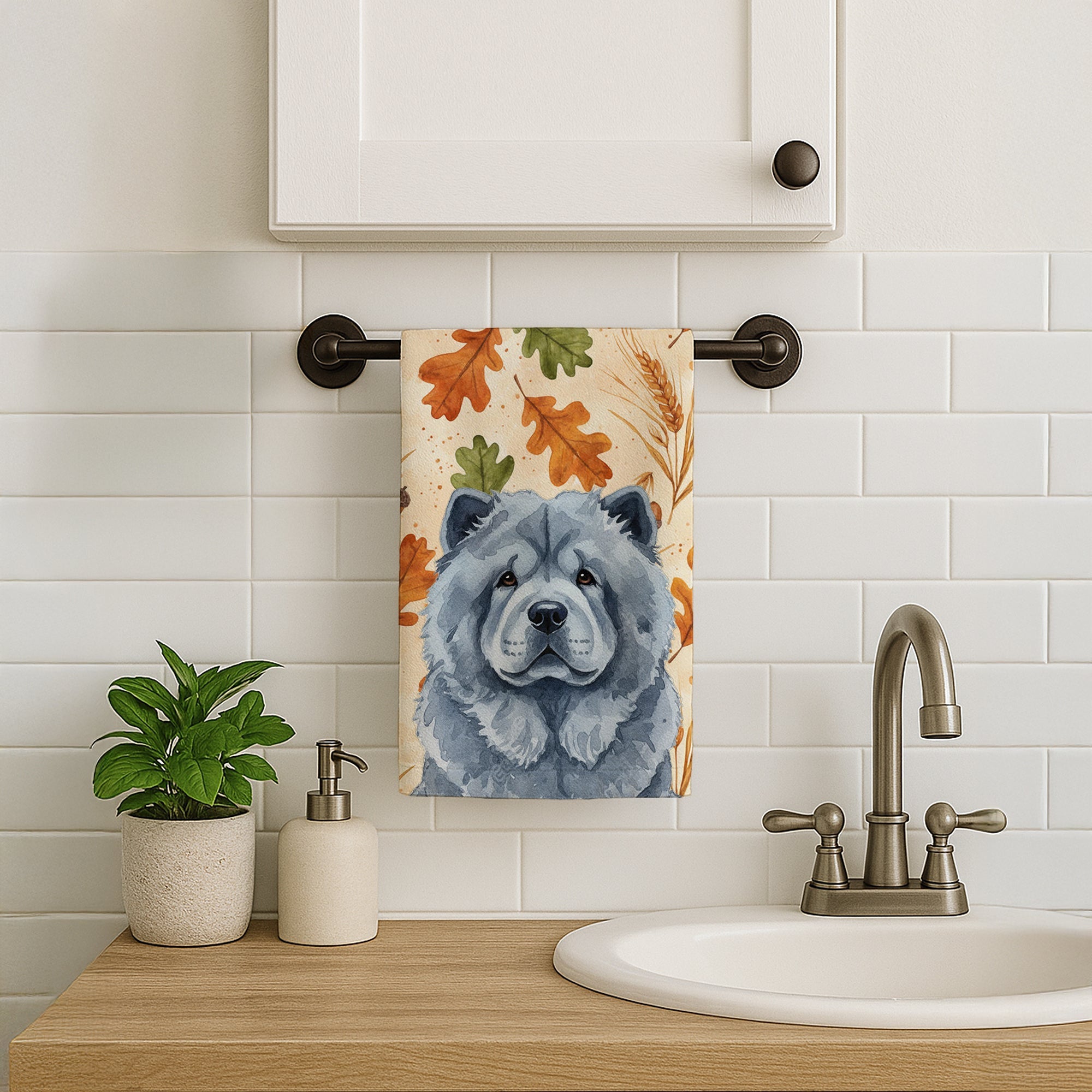 Blue Chow Chow Heirloom Fall Kitchen Towel Velour Plush Front and Cotton Loop Back Machine Washable