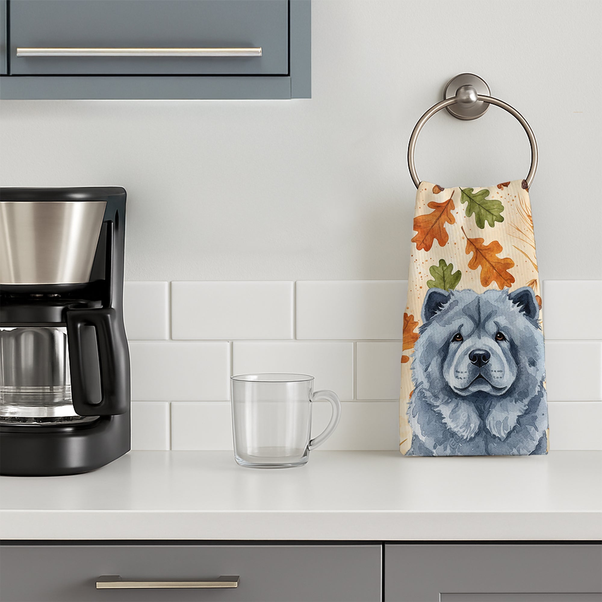 Blue Chow Chow Heirloom Fall Kitchen Towel Velour Plush Front and Cotton Loop Back Machine Washable