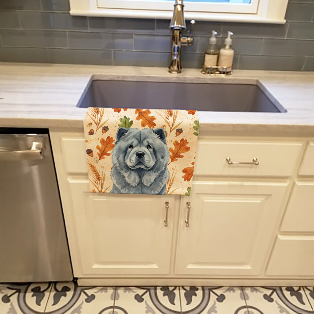 Blue Chow Chow Heirloom Fall Kitchen Towel Velour Plush Front and Cotton Loop Back Machine Washable
