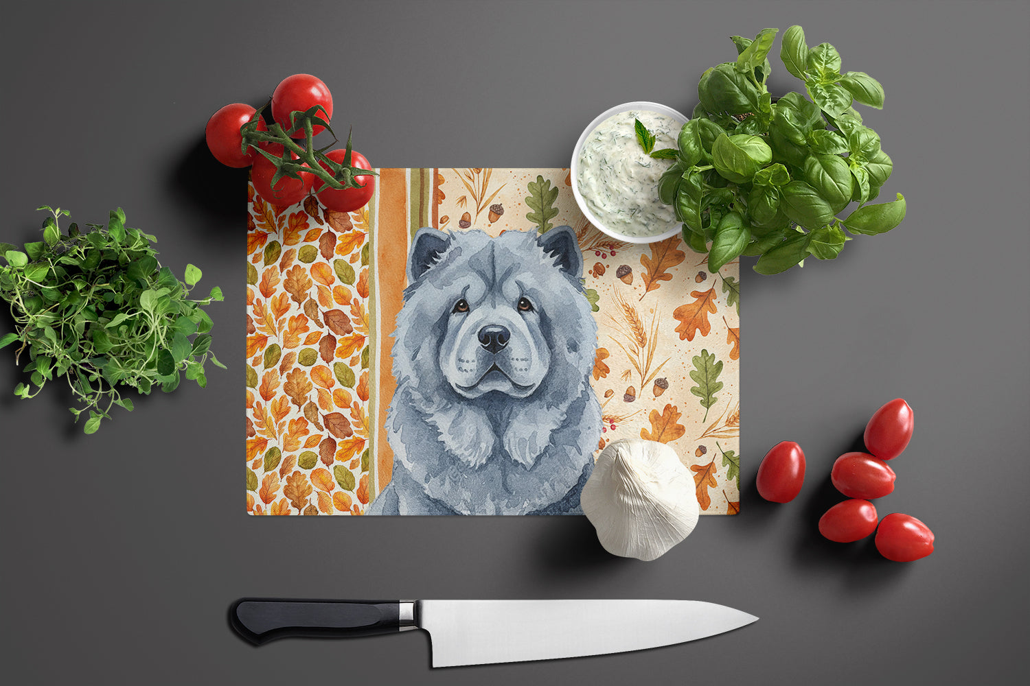 Blue Chow Chow Heirloom Fall Cutting Board Tempered Glass Kitchen Cutting Surface, Heat Resistant Chopping, Non-Slip Feet, Food Prep & Serving