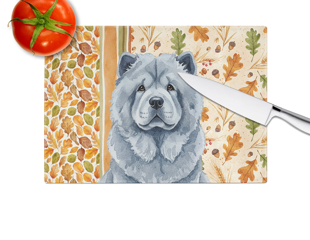 Blue Chow Chow Heirloom Fall Cutting Board Tempered Glass Kitchen Cutting Surface, Heat Resistant Chopping, Non-Slip Feet, Food Prep & Serving