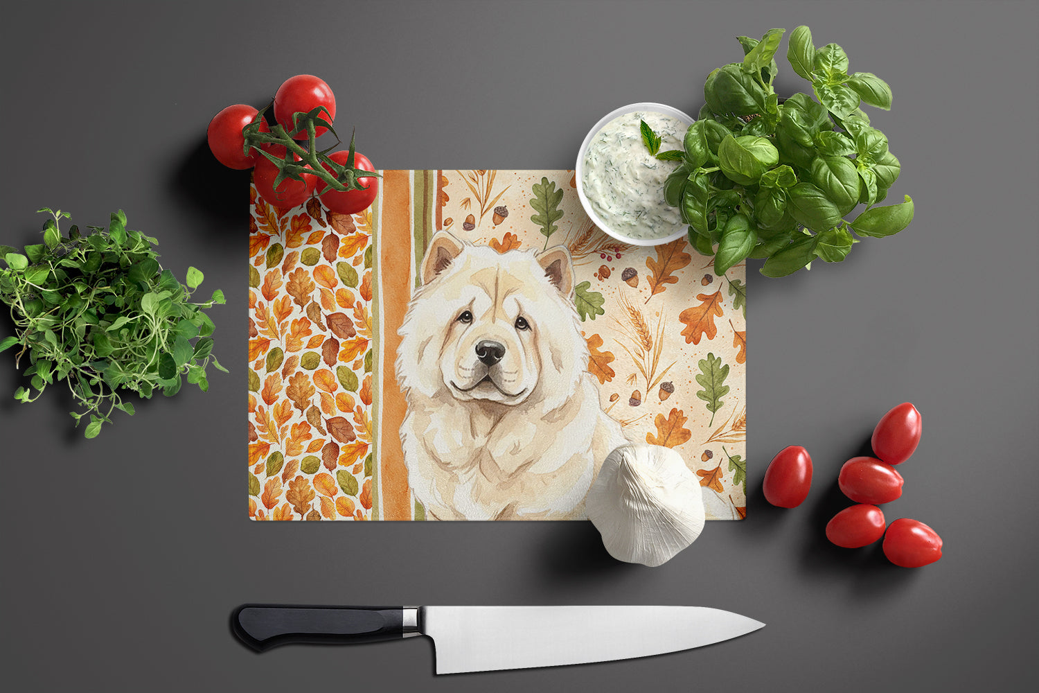 Cream Chow Chow Heirloom Fall Cutting Board Tempered Glass Kitchen Cutting Surface, Heat Resistant Chopping, Non-Slip Feet, Food Prep & Serving