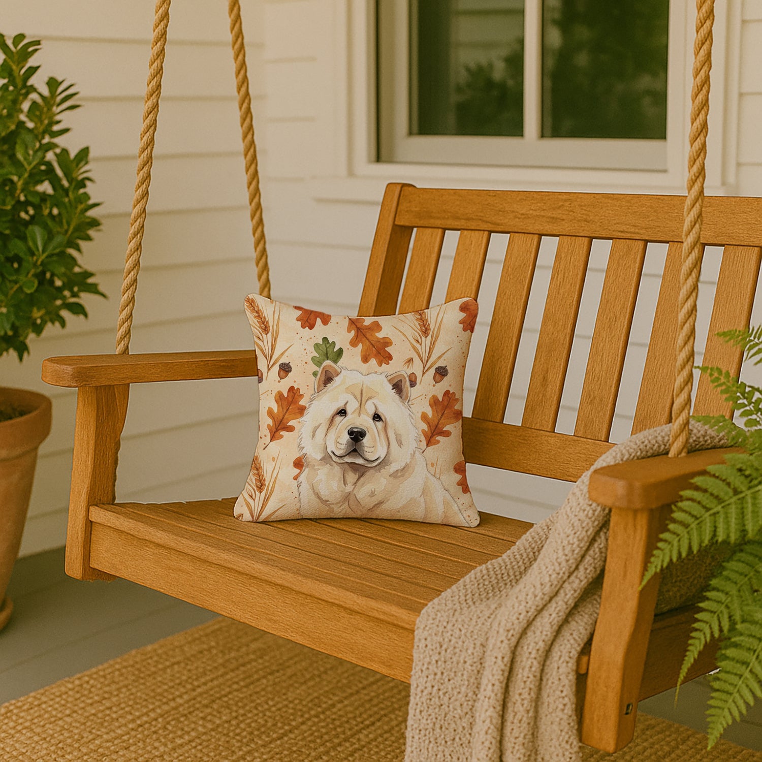 Cream Chow Chow Heirloom Fall Decorative Throw Pillow 14x14 Indoor Outdoor Accent Cushion, Fabric Cover with Insert for Sofa, Bed, Porch & Living Room