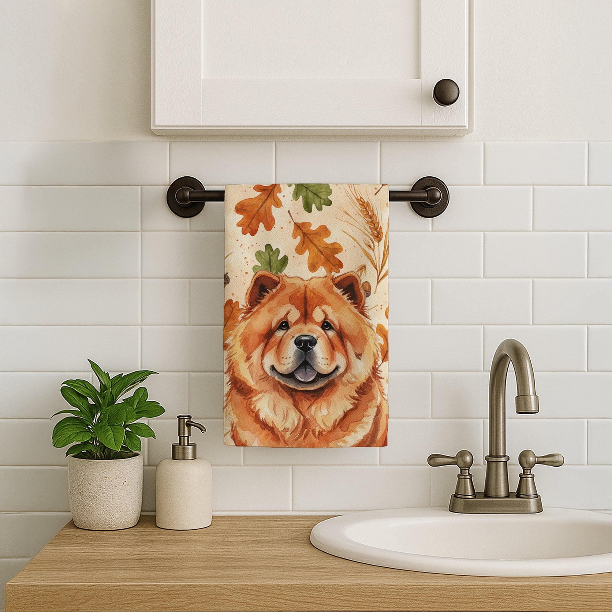 Red Chow Chow Heirloom Fall Kitchen Towel Velour Plush Front and Cotton Loop Back Machine Washable