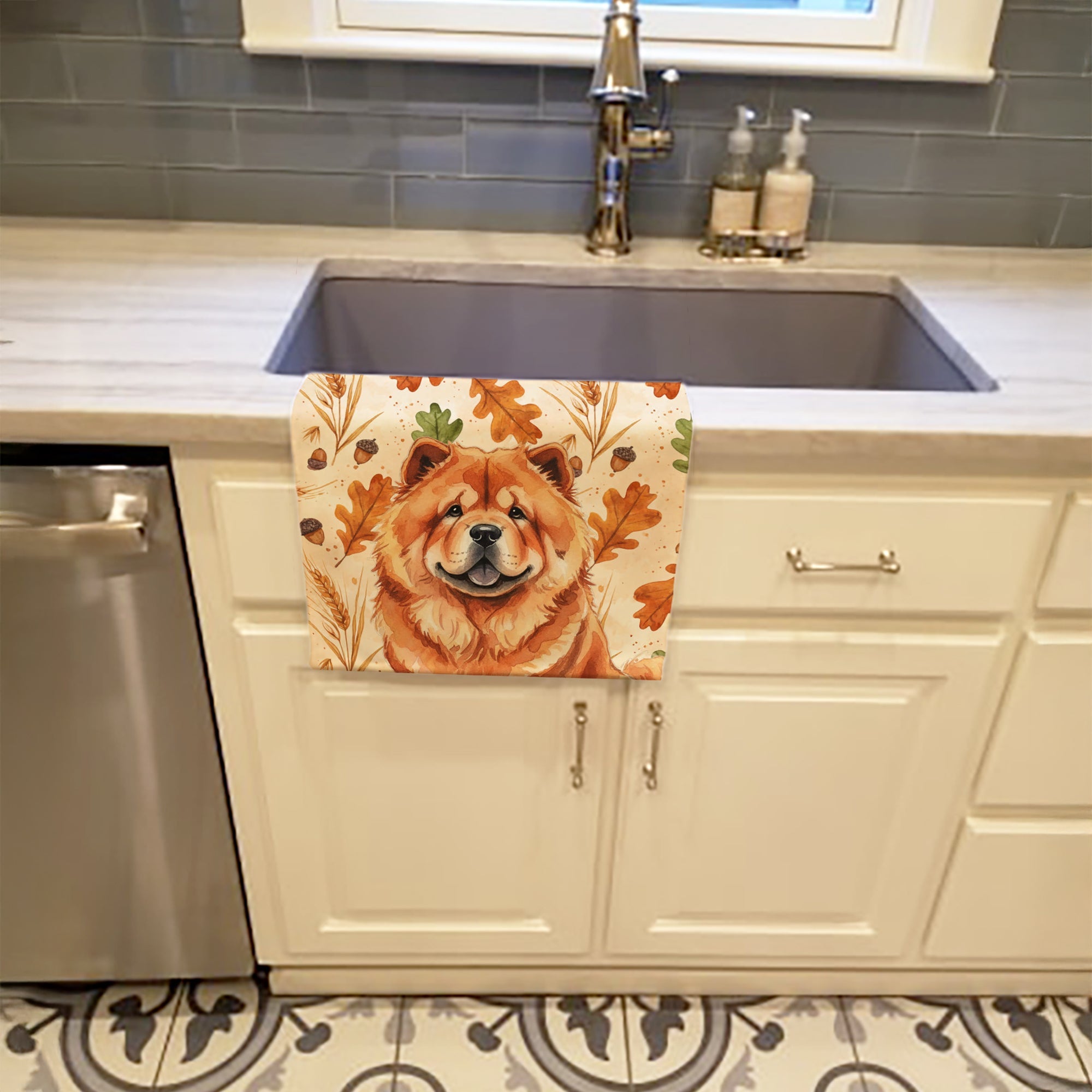 Red Chow Chow Heirloom Fall Kitchen Towel Velour Plush Front and Cotton Loop Back Machine Washable