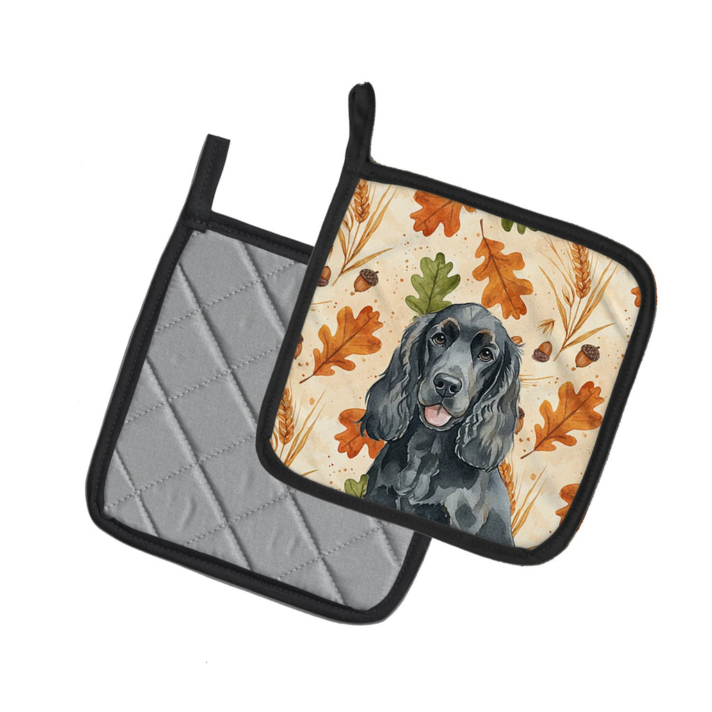 Black Cocker Spaniel Heirloom Fall Pot Holder Set of 2 Heat Resistant Quilted Hot Pads 7.5 x 7.5 Inch, Insulated Kitchen Trivets for Cooking & Baking