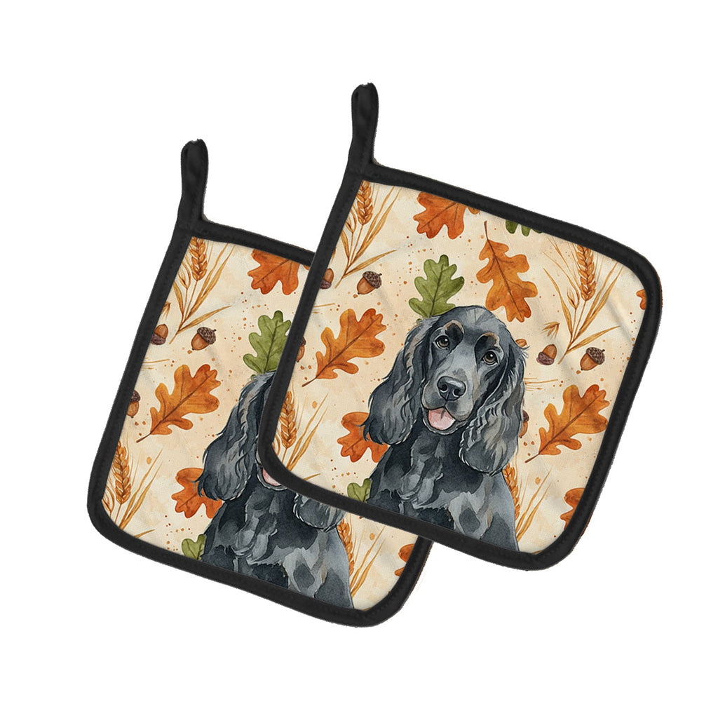 Black Cocker Spaniel Heirloom Fall Pot Holder Set of 2 Heat Resistant Quilted Hot Pads 7.5 x 7.5 Inch, Insulated Kitchen Trivets for Cooking & Baking