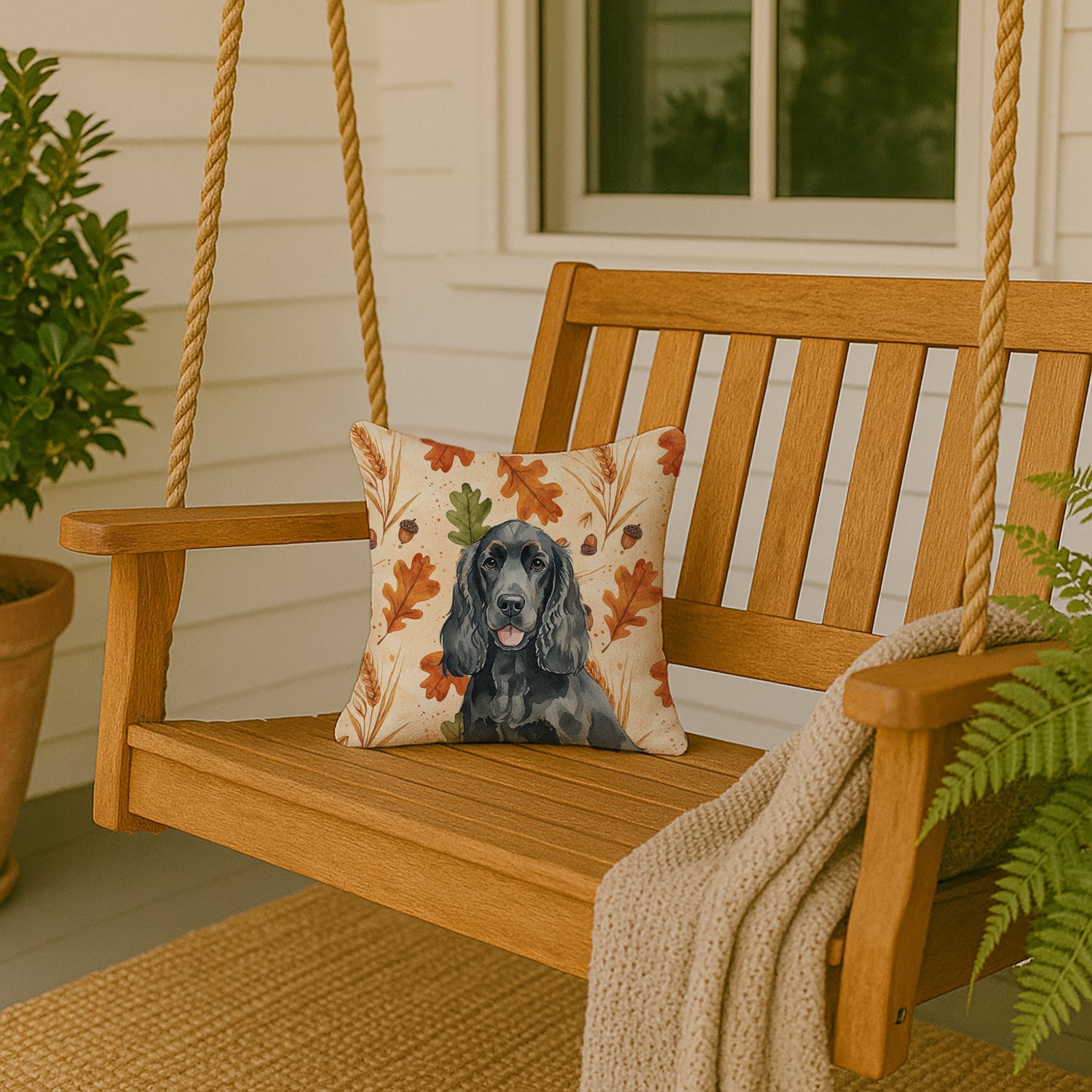 Black Cocker Spaniel Heirloom Fall Decorative Throw Pillow 14x14 Indoor Outdoor Accent Cushion, Fabric Cover with Insert for Sofa, Bed, Porch & Living Room