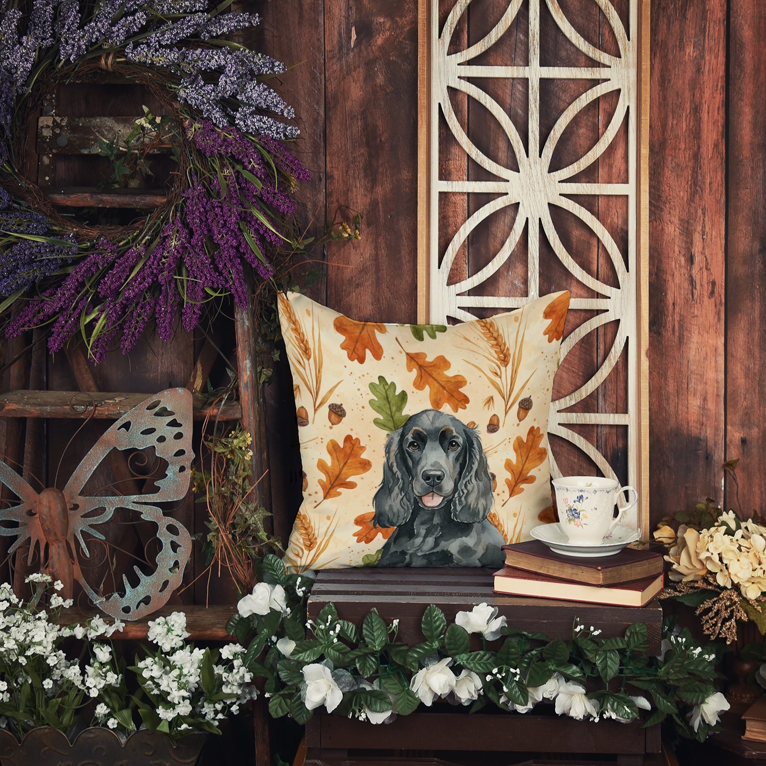 Black Cocker Spaniel Heirloom Fall Decorative Throw Pillow 14x14 Indoor Outdoor Accent Cushion, Fabric Cover with Insert for Sofa, Bed, Porch & Living Room