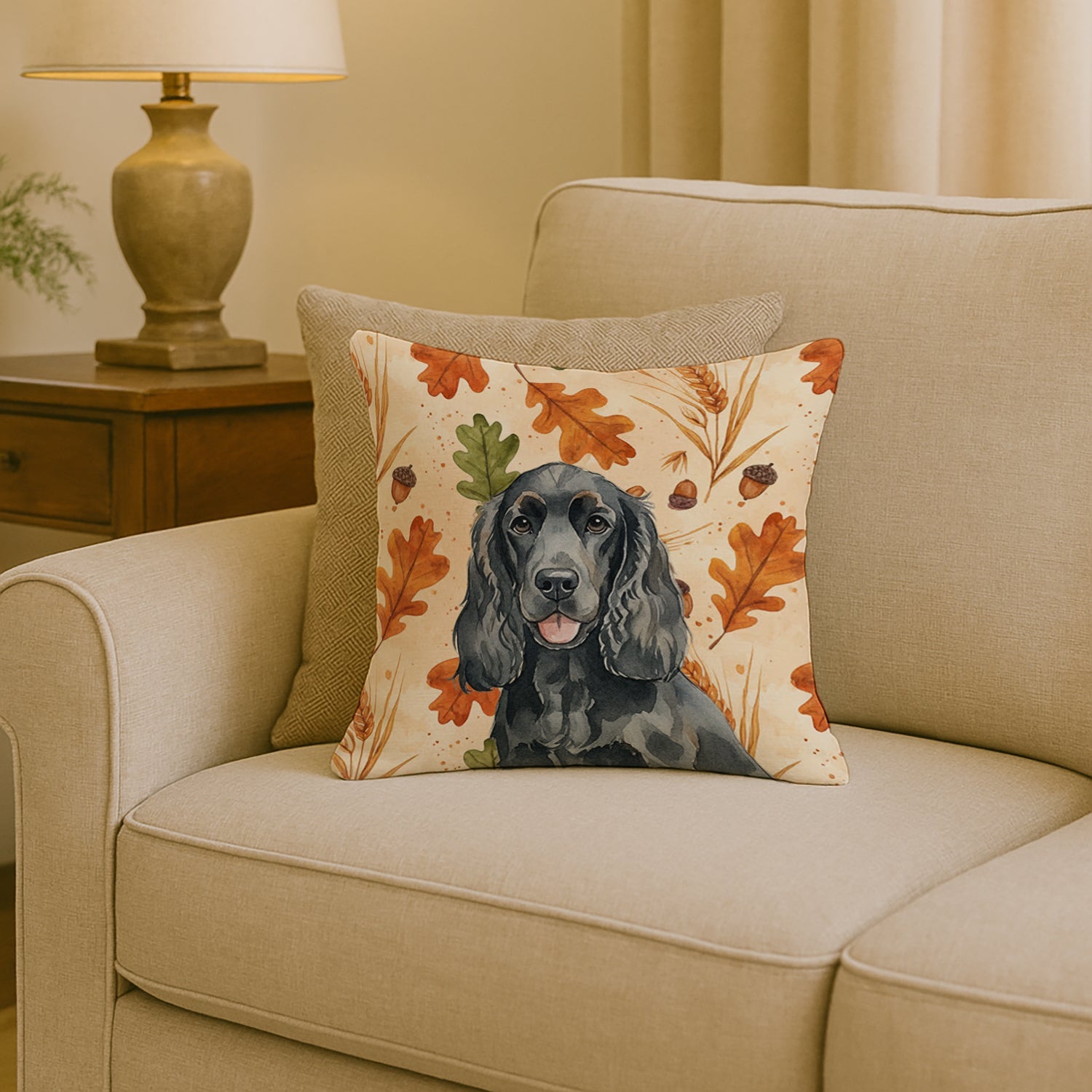 Black Cocker Spaniel Heirloom Fall Decorative Throw Pillow 18x18 Indoor Outdoor Accent Cushion, Fabric Cover with Insert for Sofa, Bed, Porch & Living Room