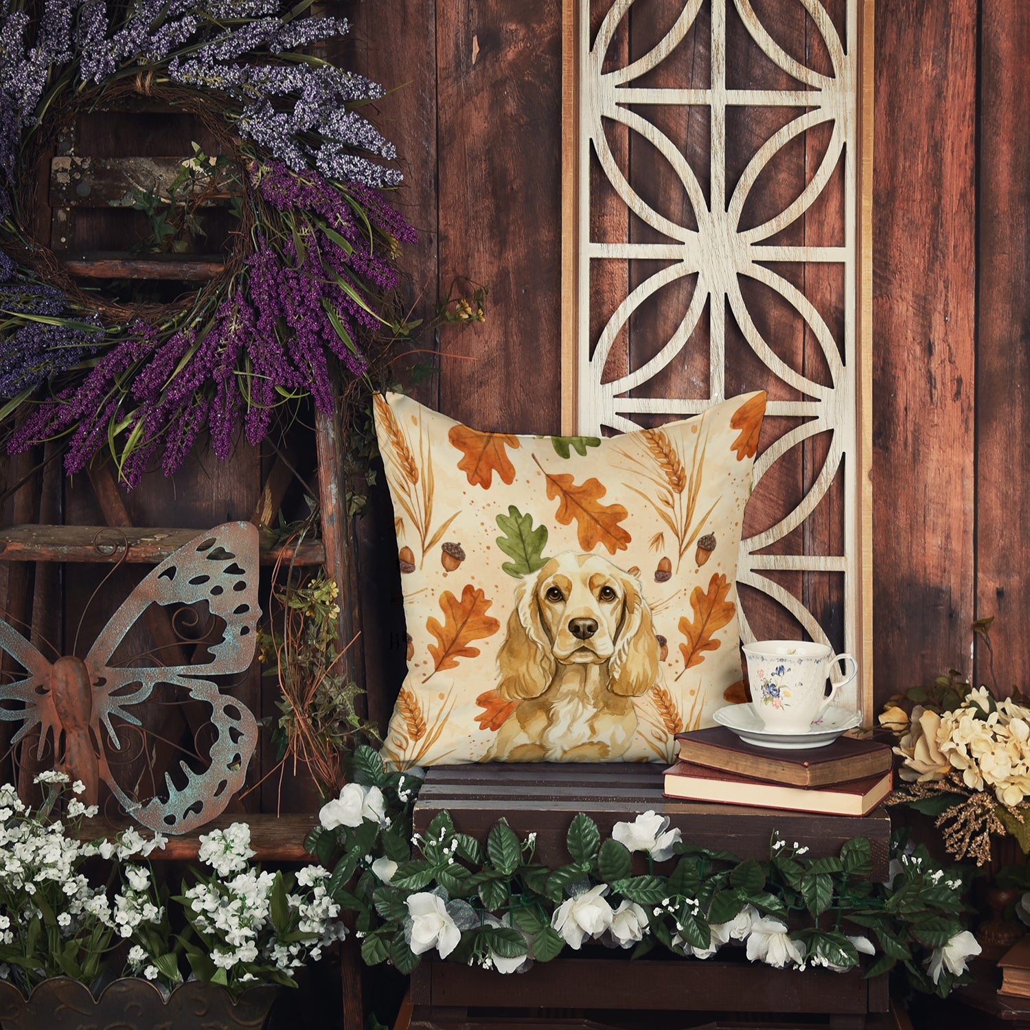 Buff Cocker Spaniel Heirloom Fall Decorative Throw Pillow 18x18 Indoor Outdoor Accent Cushion, Fabric Cover with Insert for Sofa, Bed, Porch & Living Room