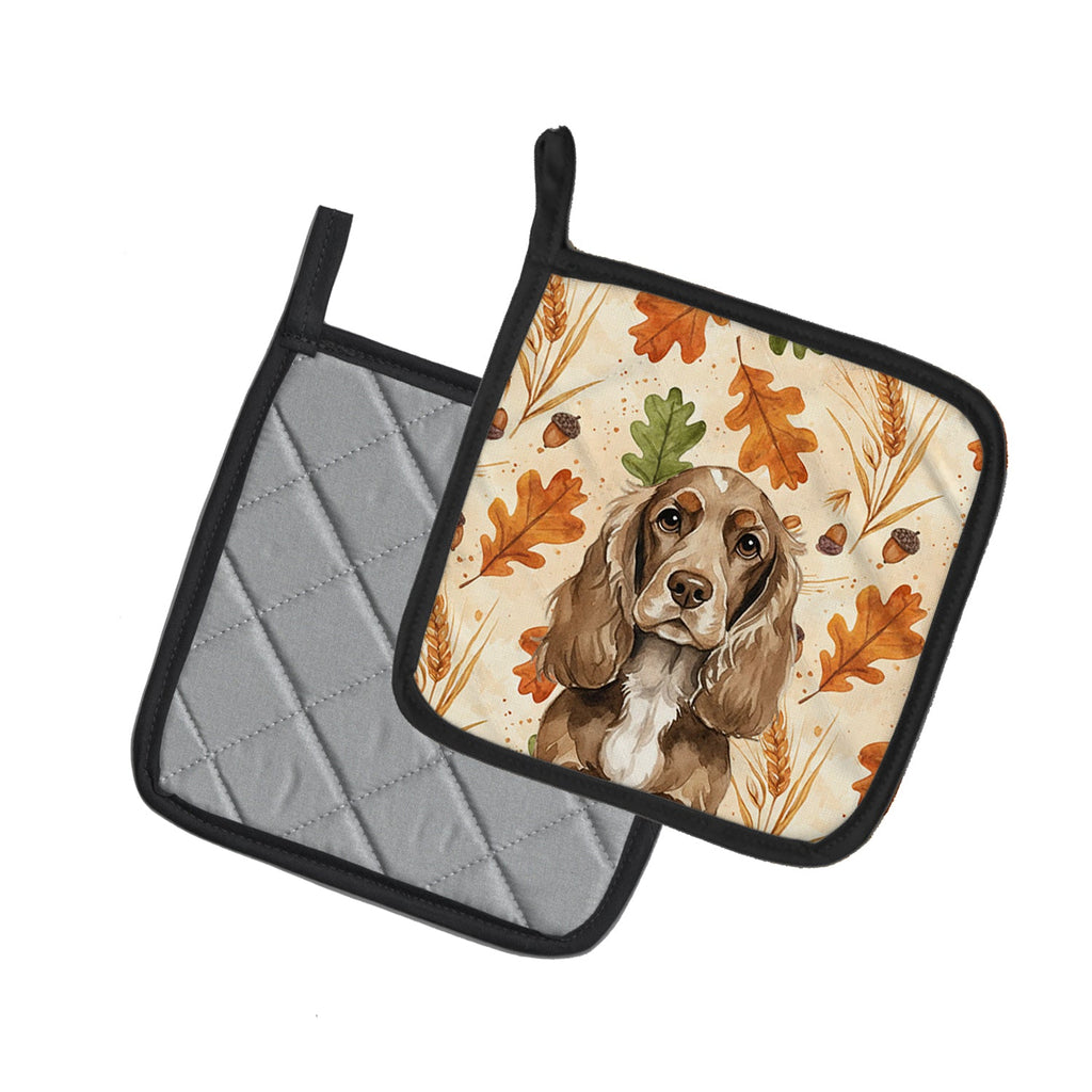 Chocolate Cocker Spaniel Heirloom Fall Pot Holder Set of 2 Heat Resistant Quilted Hot Pads 7.5 x 7.5 Inch, Insulated Kitchen Trivets for Cooking & Baking