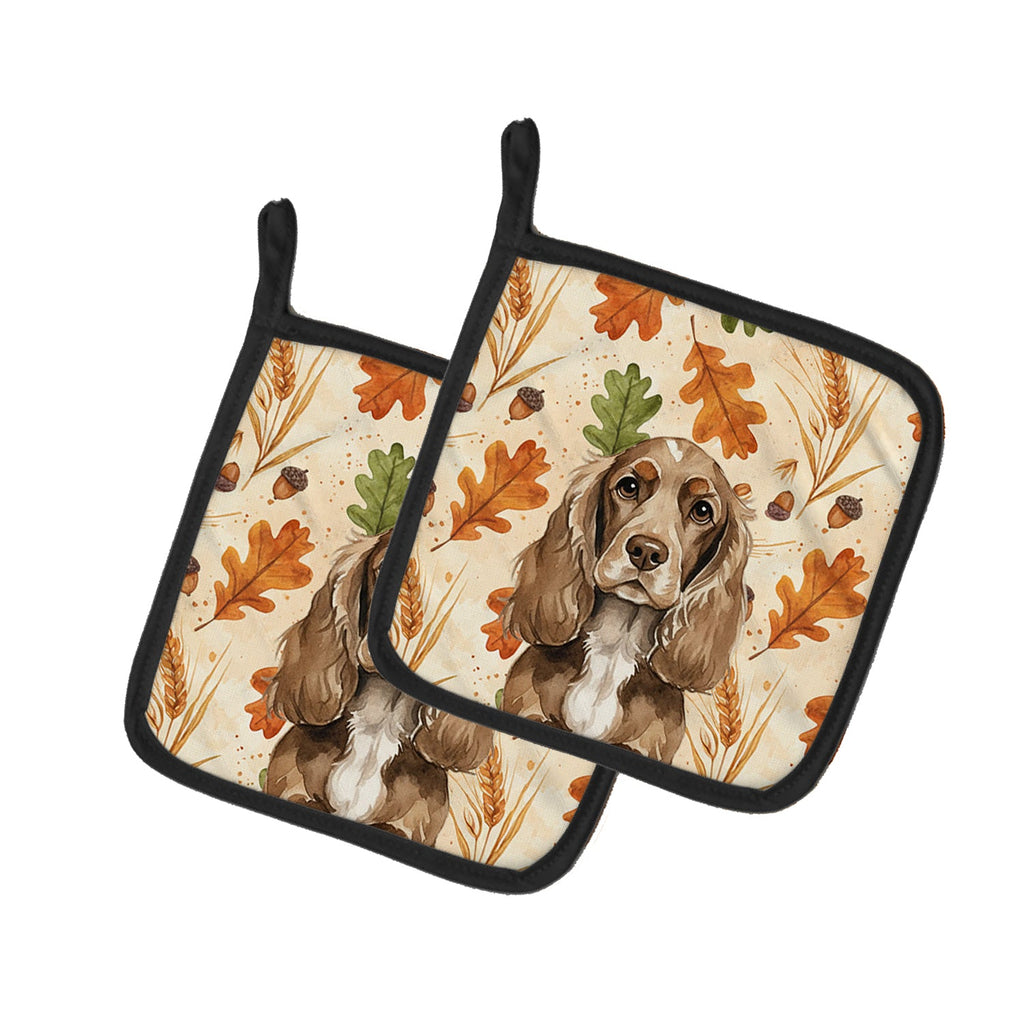 Chocolate Cocker Spaniel Heirloom Fall Pot Holder Set of 2 Heat Resistant Quilted Hot Pads 7.5 x 7.5 Inch, Insulated Kitchen Trivets for Cooking & Baking