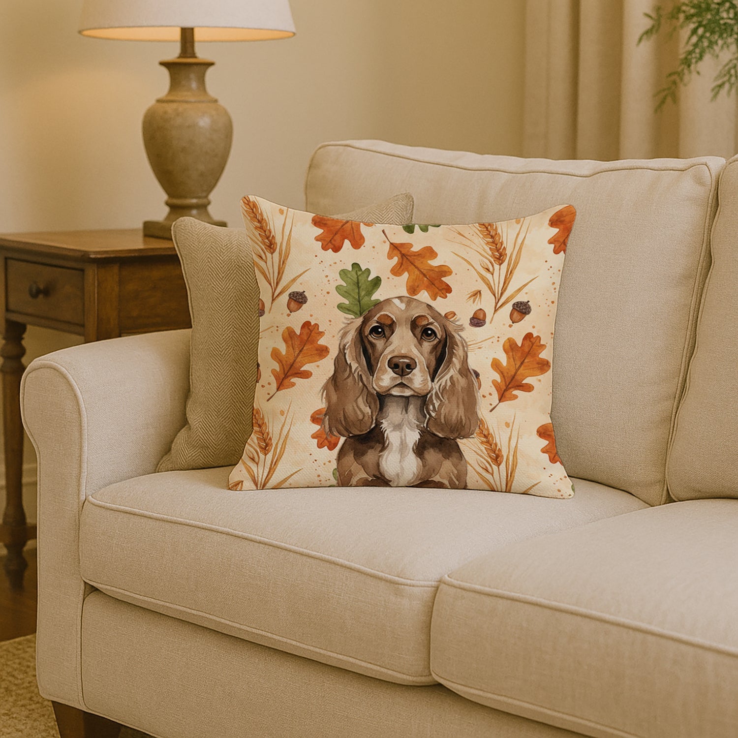 Chocolate Cocker Spaniel Heirloom Fall Decorative Throw Pillow 14x14 Indoor Outdoor Accent Cushion, Fabric Cover with Insert for Sofa, Bed, Porch & Living Room