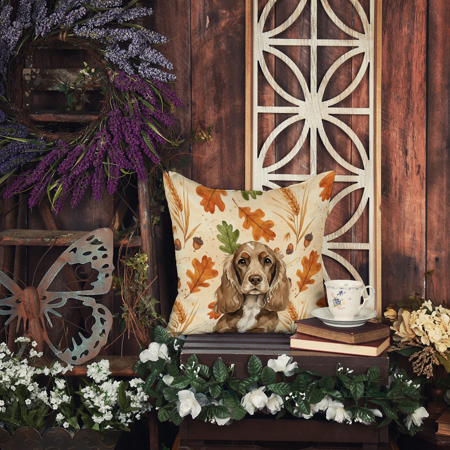 Chocolate Cocker Spaniel Heirloom Fall Decorative Throw Pillow 18x18 Indoor Outdoor Accent Cushion, Fabric Cover with Insert for Sofa, Bed, Porch & Living Room