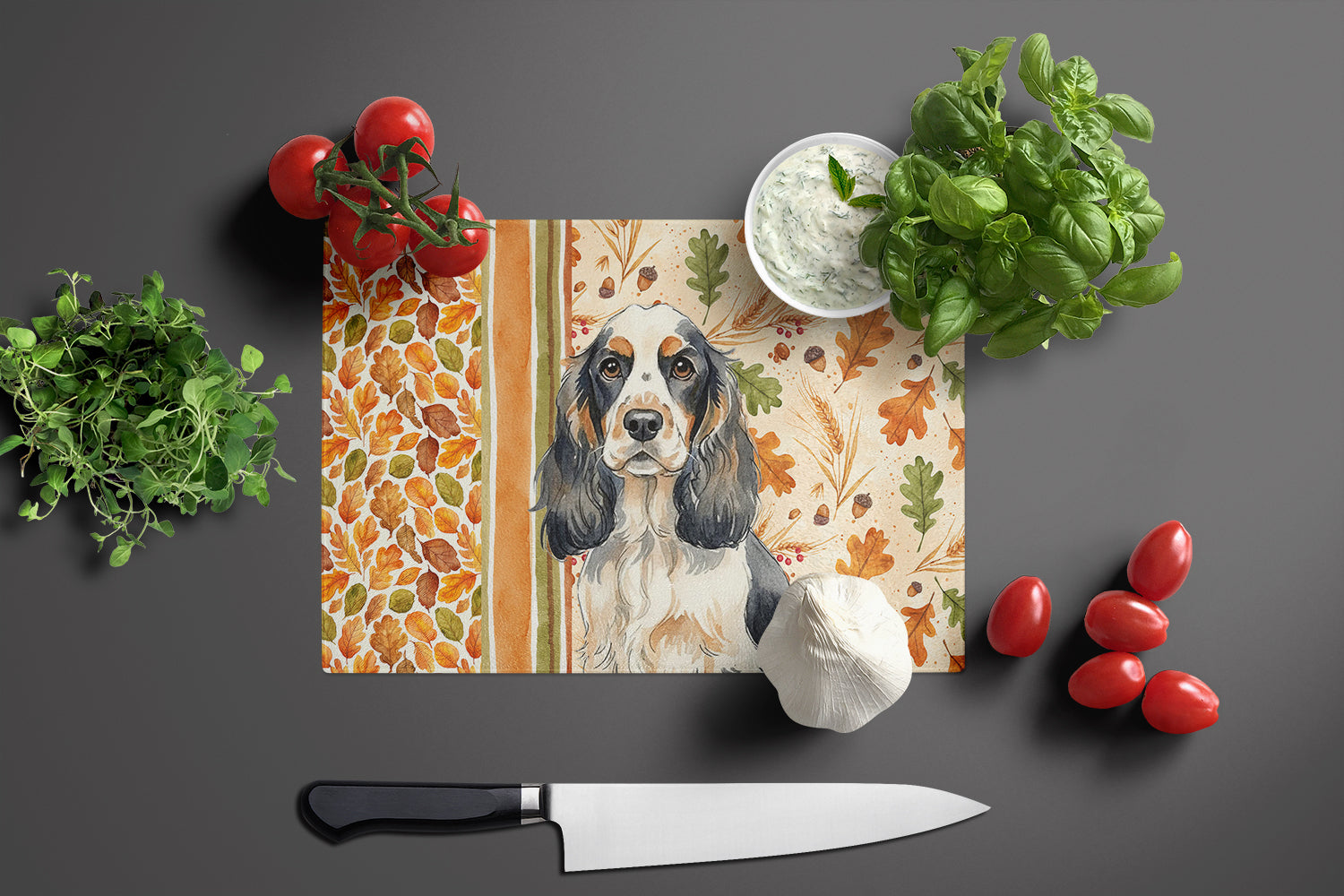 Parti Cocker Spaniel Heirloom Fall Cutting Board Tempered Glass Kitchen Cutting Surface, Heat Resistant Chopping, Non-Slip Feet, Food Prep & Serving