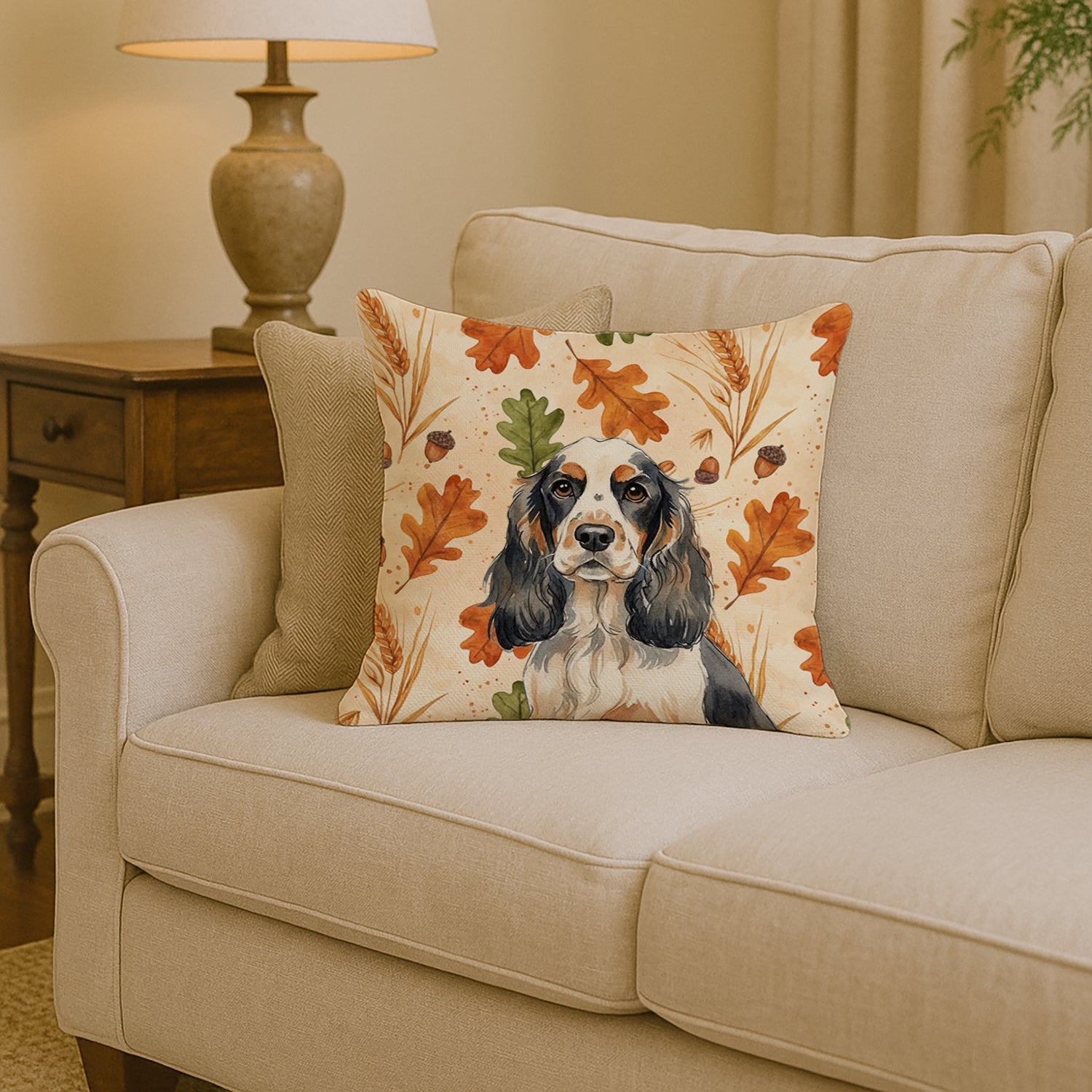 Parti Cocker Spaniel Heirloom Fall Decorative Throw Pillow 14x14 Indoor Outdoor Accent Cushion, Fabric Cover with Insert for Sofa, Bed, Porch & Living Room