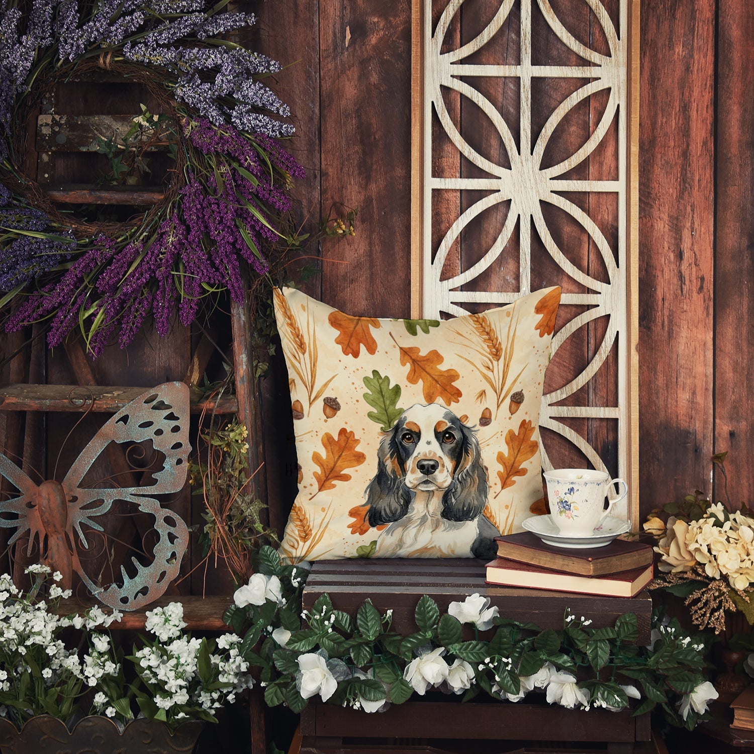 Parti Cocker Spaniel Heirloom Fall Decorative Throw Pillow 14x14 Indoor Outdoor Accent Cushion, Fabric Cover with Insert for Sofa, Bed, Porch & Living Room