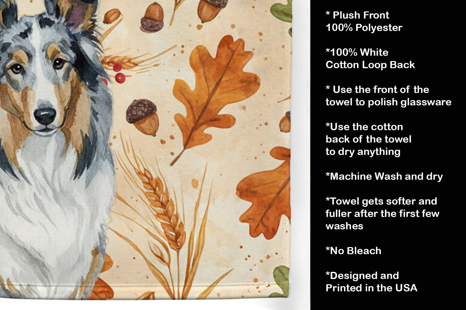 Blue Merle Collie Heirloom Fall Kitchen Towel Velour Plush Front and Cotton Loop Back Machine Washable