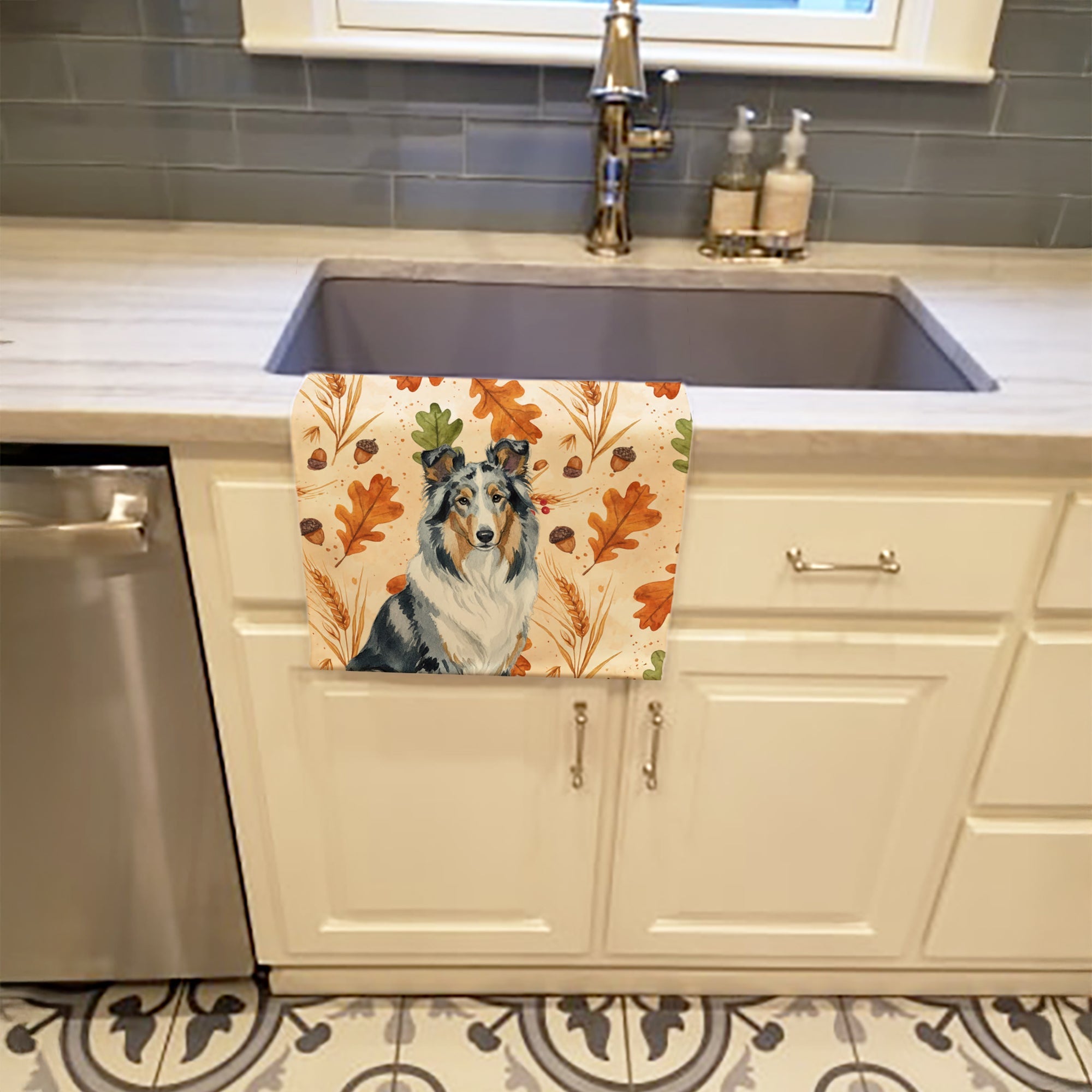 Blue Merle Collie Heirloom Fall Kitchen Towel Velour Plush Front and Cotton Loop Back Machine Washable