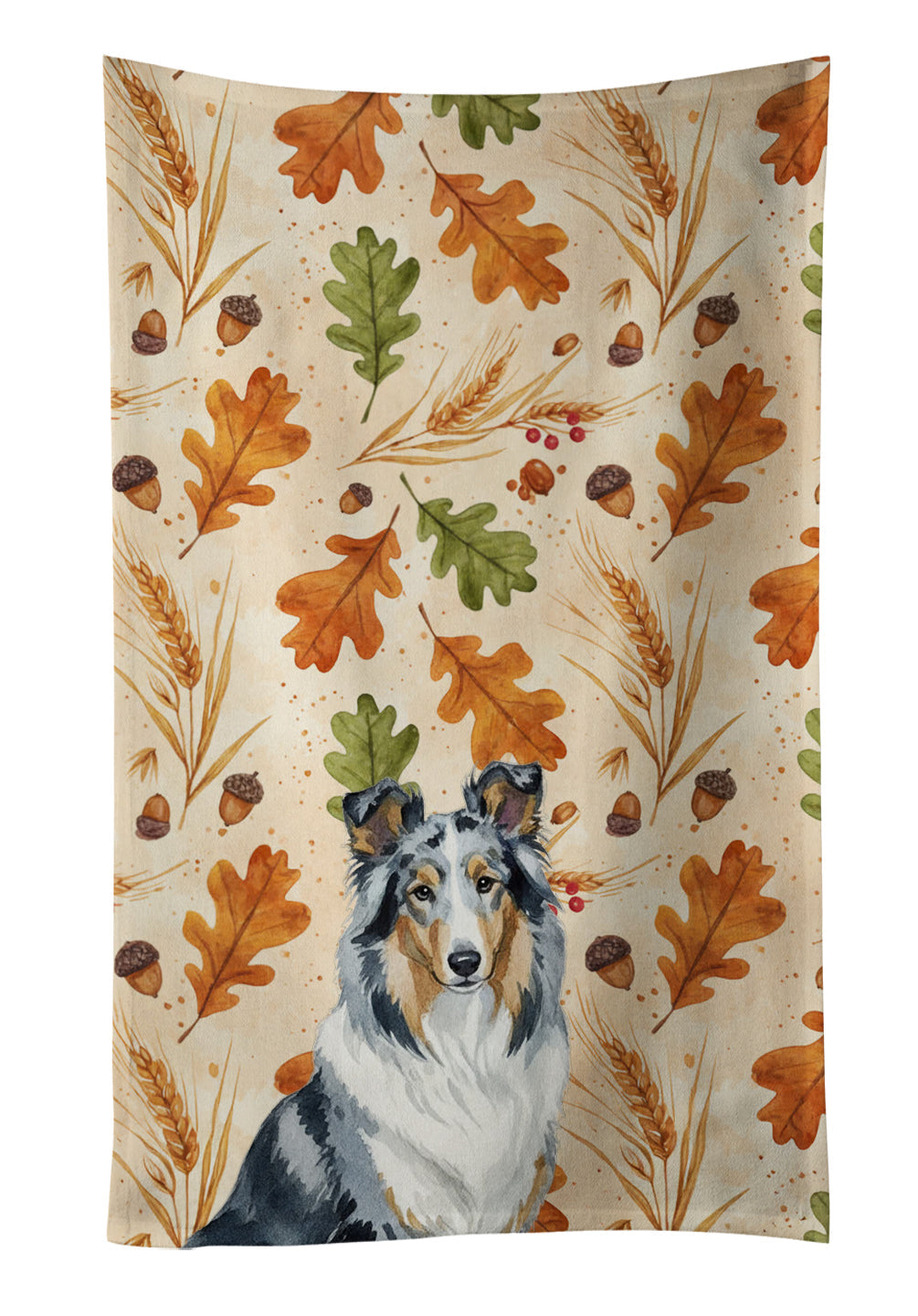 Blue Merle Collie Heirloom Fall Kitchen Towel Velour Plush Front and Cotton Loop Back Machine Washable